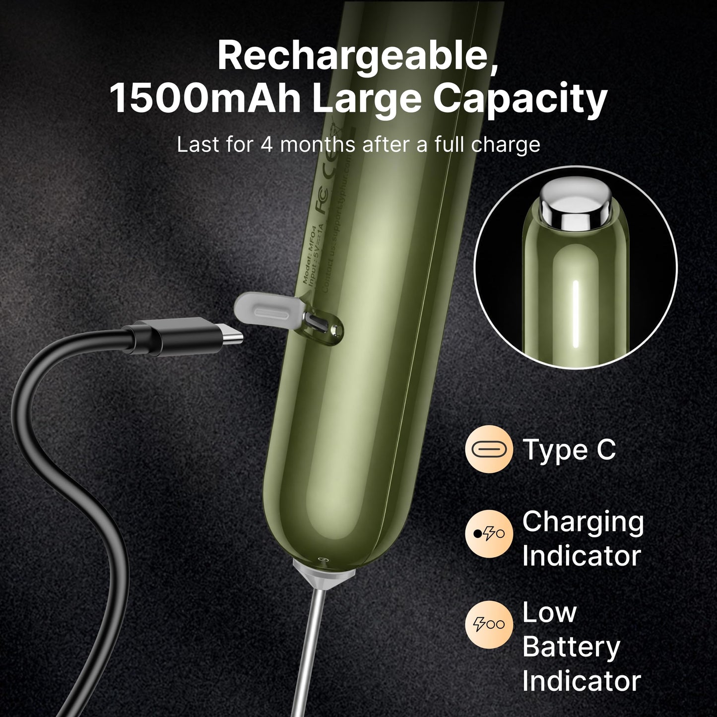 InstaWhisk Milk Frother with Variable Speed, Rechargeable Coffee Frother Wand with Detachable Double Whisk, Handheld Electric Stirrer for Latte, Cappuccino, Almond Milk, Protein