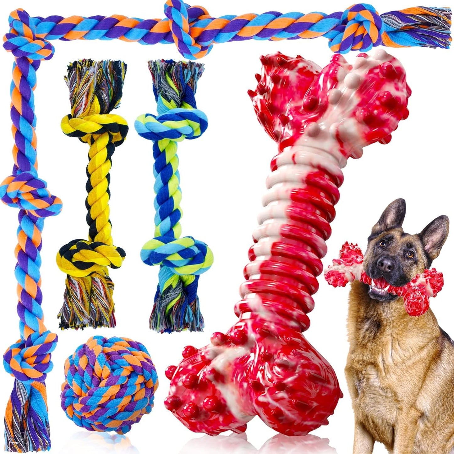 SHARLOVY Large Dog Chew Toys, Tough Dog Toys for Aggressive Chewers Large Breed,Heavy Duty Dental Dog Rope Toys Kit for Medium Dogs,5 Knots Indestructible Dog Toys