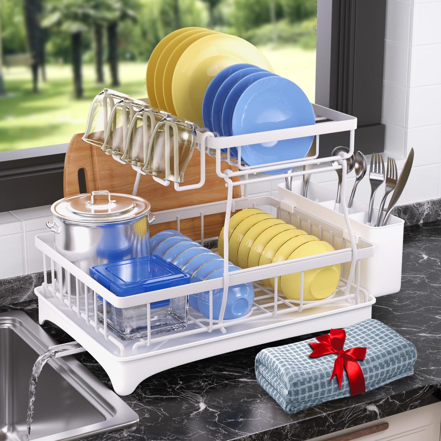 Godboat Dish Drying Rack, Dish Rack with Auto-Drain & Mat，2-Tier and 1-Tier, Black