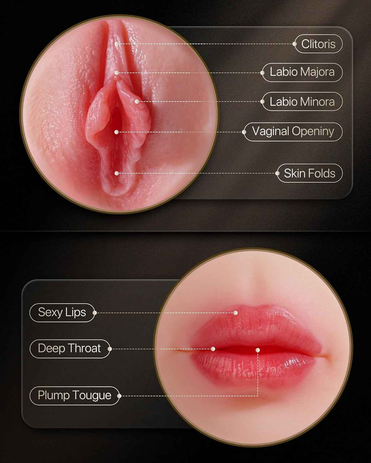 EINSEO Male Masturbator with Dual Sleeves - 7.5in Pocket Pussy & Mouth Textured Soft Fleshy TPE Channel Sex Toys for Men, Adjustable Suction Male Manual Stroker, Penis Training Enema Toy, Sex Machine