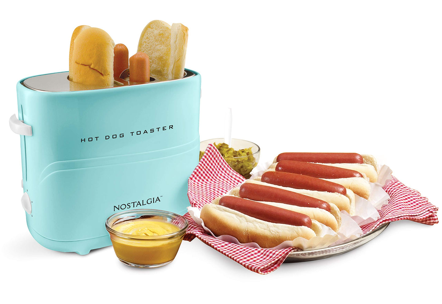 Nostalgia 2 Slot Hot Dog and Bun Toaster with Mini Tongs, Retro Toaster, Cooker that Works Chicken, Turkey, Veggie Links, Sausages Brats, Metallic Red