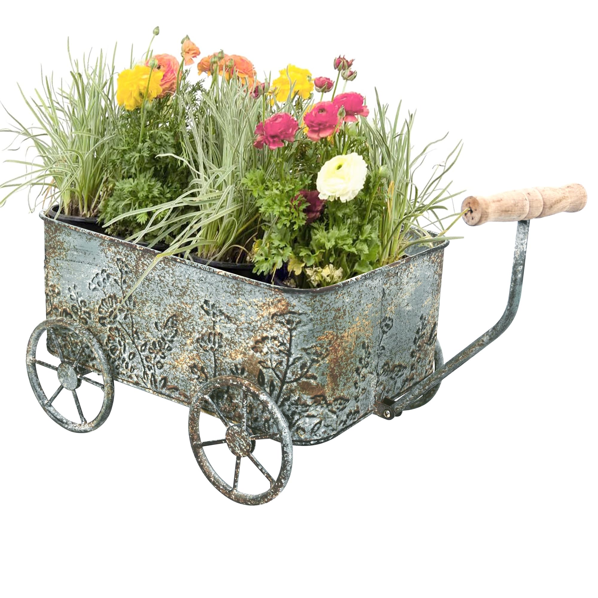 Zokyntrix Flower Cart with Wooden Handles, Metal Wagon Planters for Outdoor Plants, Garden Planter with Wagon Wheels, Decorative Wheelbarrow, Plant Cart for Patio Garden Balcony