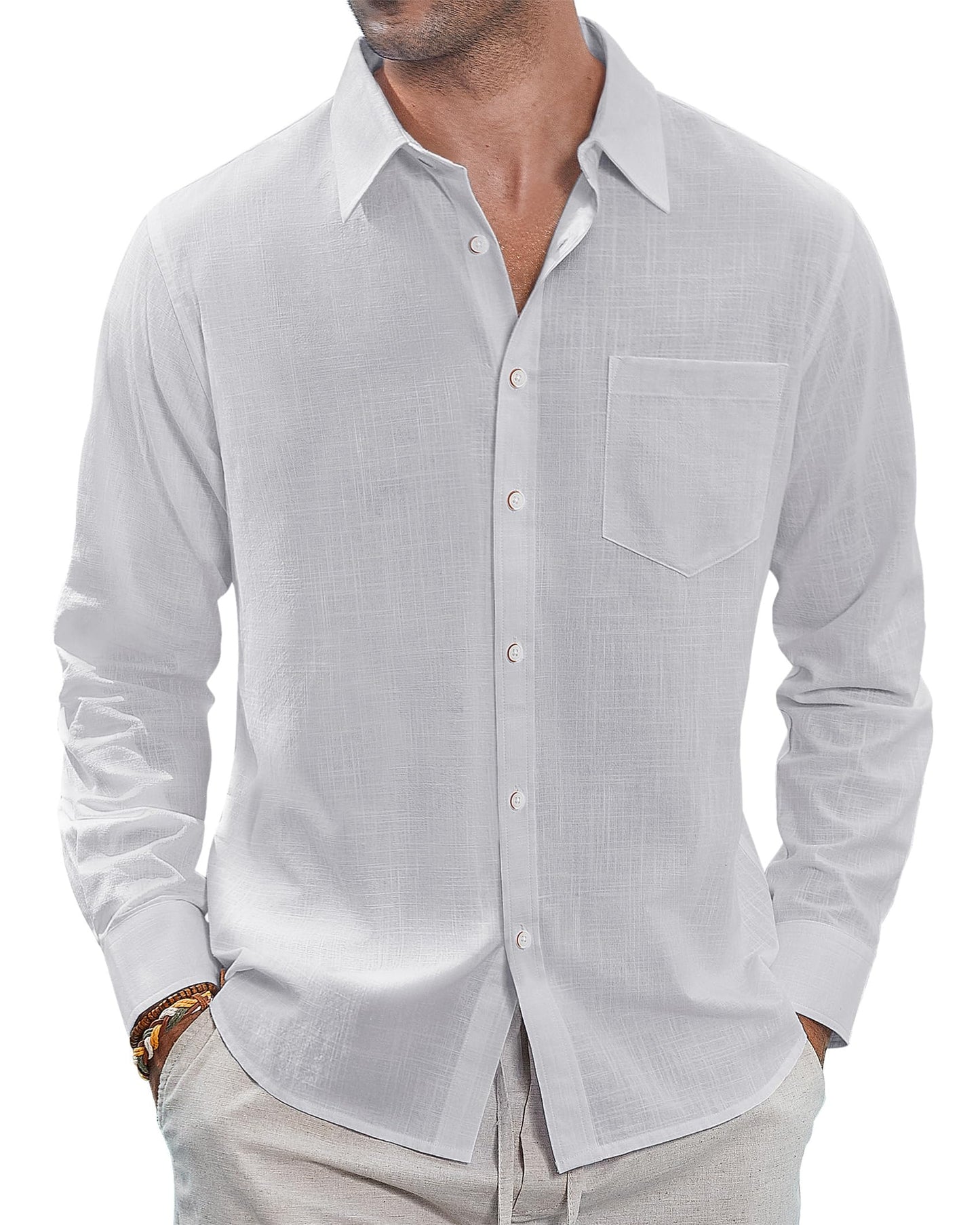 J.VER Men's Linen Shirts Casual Button Down Long Sleeve Shirt Solid Spread Collar Summer Beach Shirts with Pocket