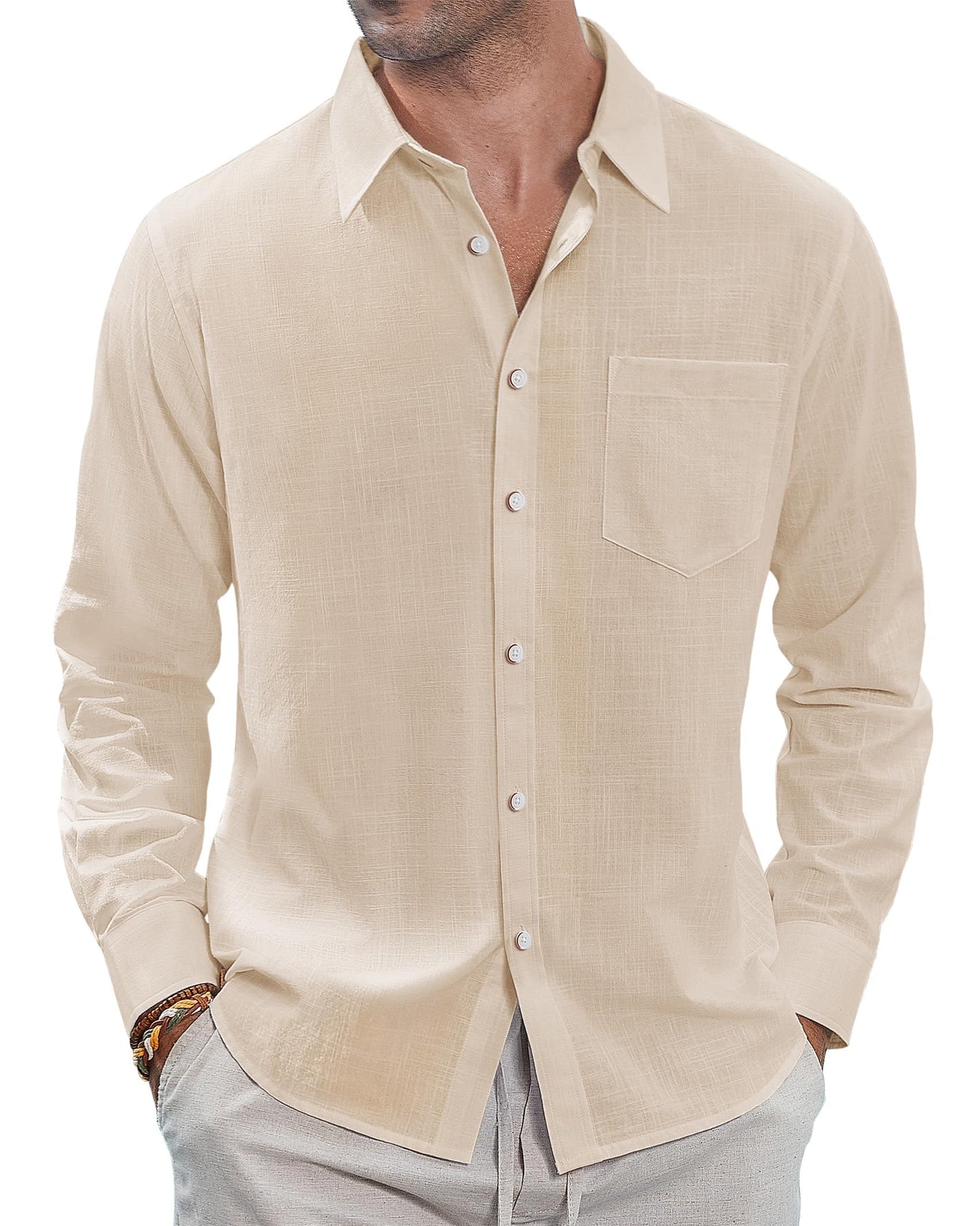 J.VER Men's Linen Shirts Casual Button Down Long Sleeve Shirt Solid Spread Collar Summer Beach Shirts with Pocket