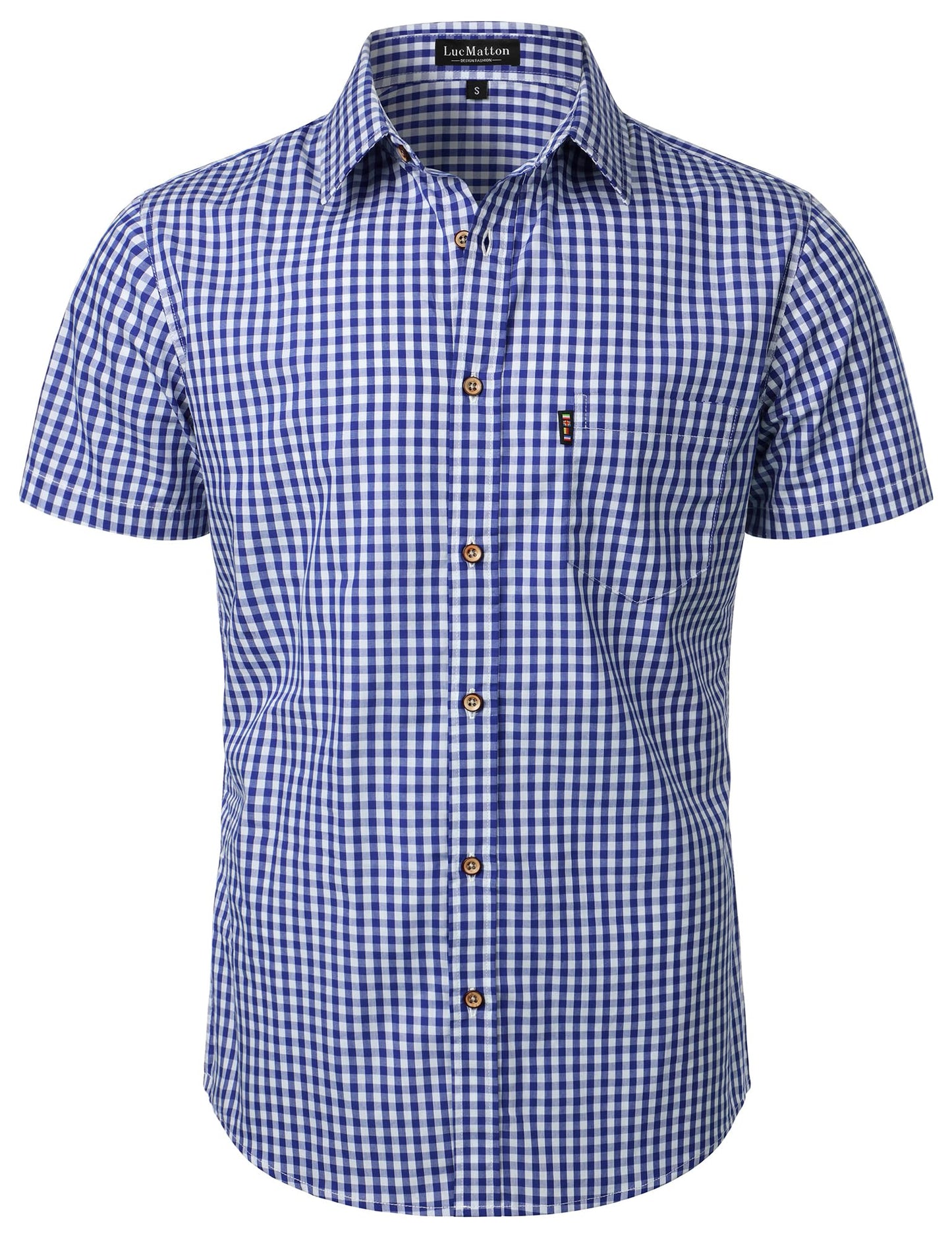 LucMatton Men's Gingham Short Sleeve Button Down Shirt Cotton Regular Fit Plaid Dress Shirts with Pocket
