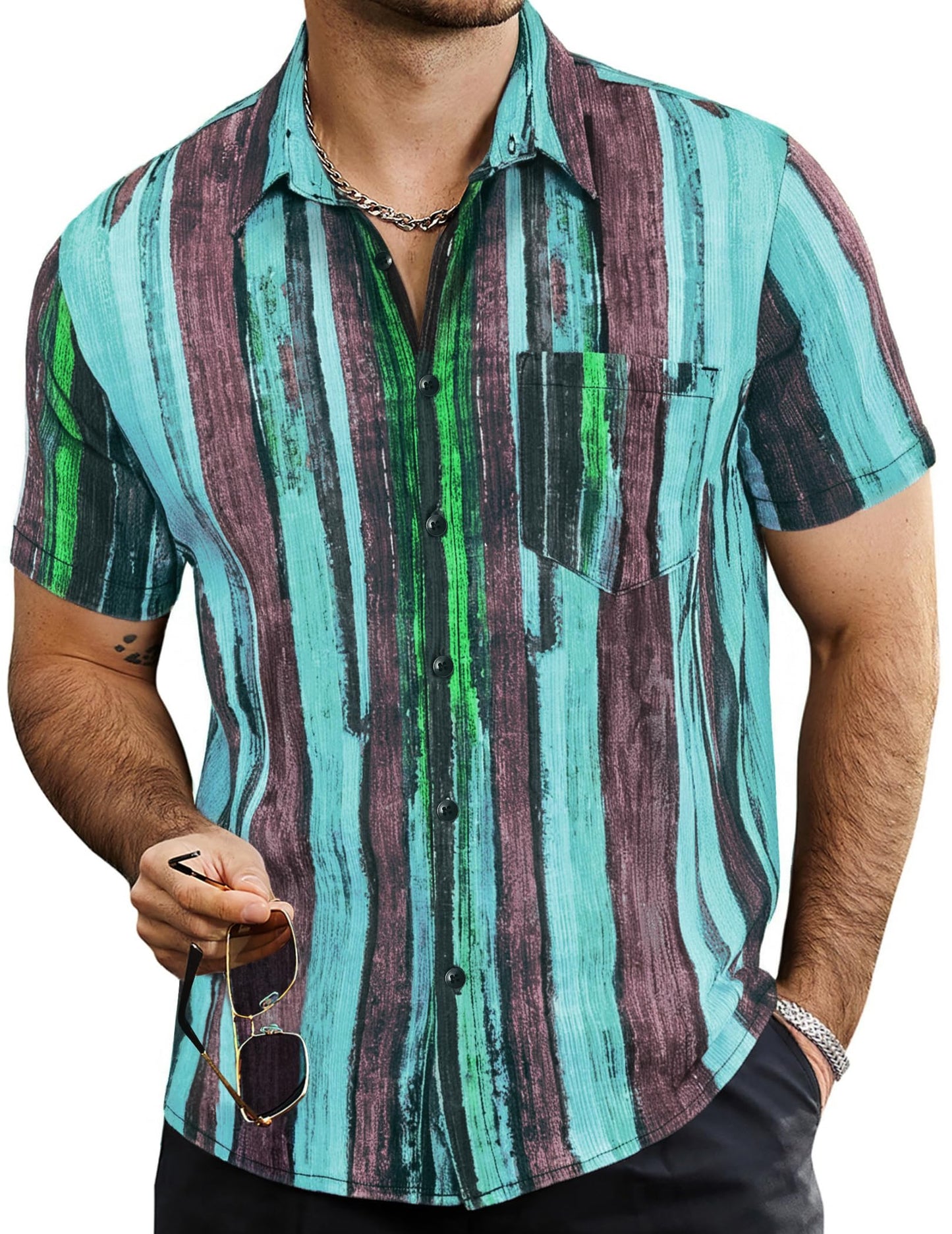 VATPAVE Mens Summer Striped Shirts Button Down Short Sleeve Vintage Beach Hawaiian Shirts with Pocket