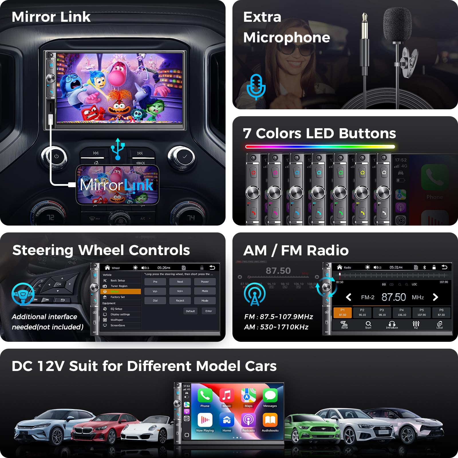 Kissound 7" Double Din Car Stereo with Wireless Apple Carplay & Android Auto, 240W, SWC, Subwoofer Out, Bluetooth, Mirror Link, USB-C/AUX/TF,FM/AM，Car Radio Receiver