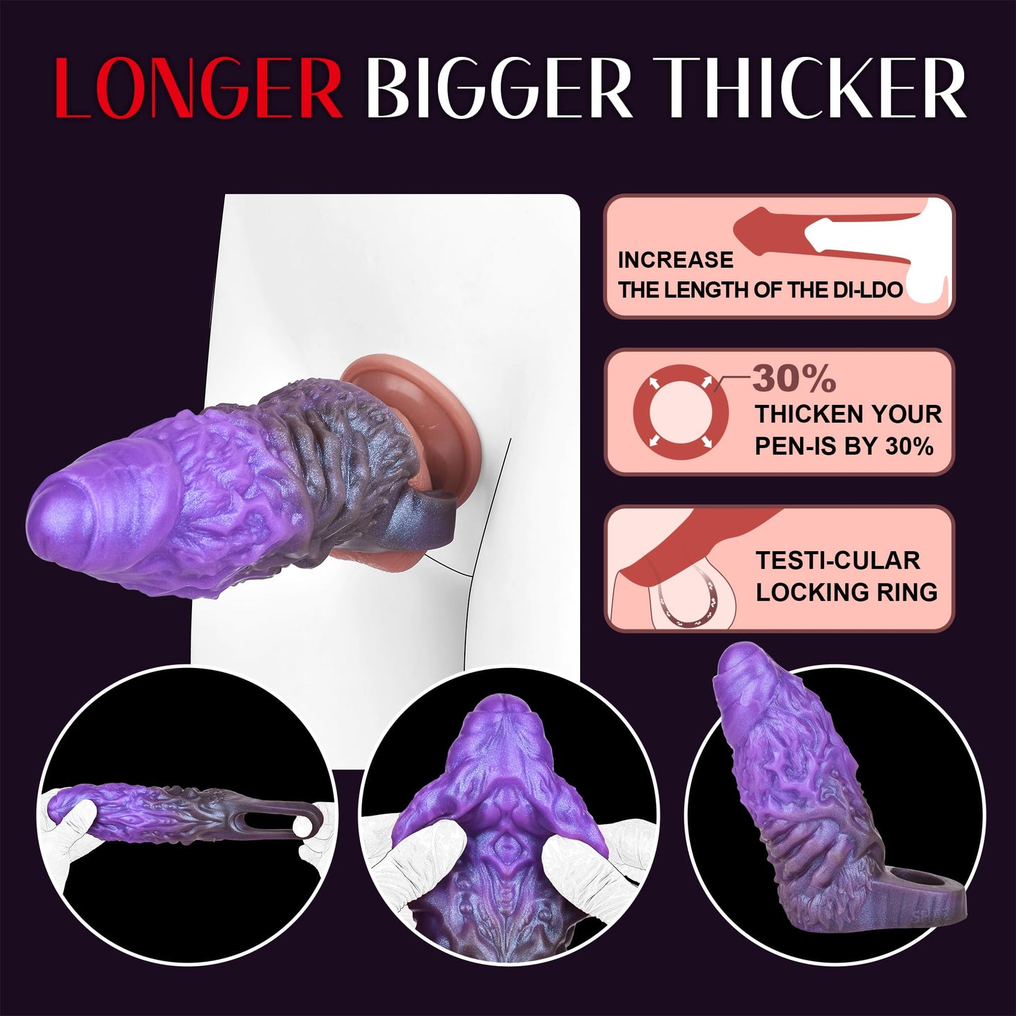 Girth Enhancer Sleeve, Monster Penis Sleeve with Cock Ring & 3 Built-in Resin Rod, Purple Silicone Pennis Extender Enlarger, Impotence Delay Ejaculation Dick Extension Sex Toys for Men Couples