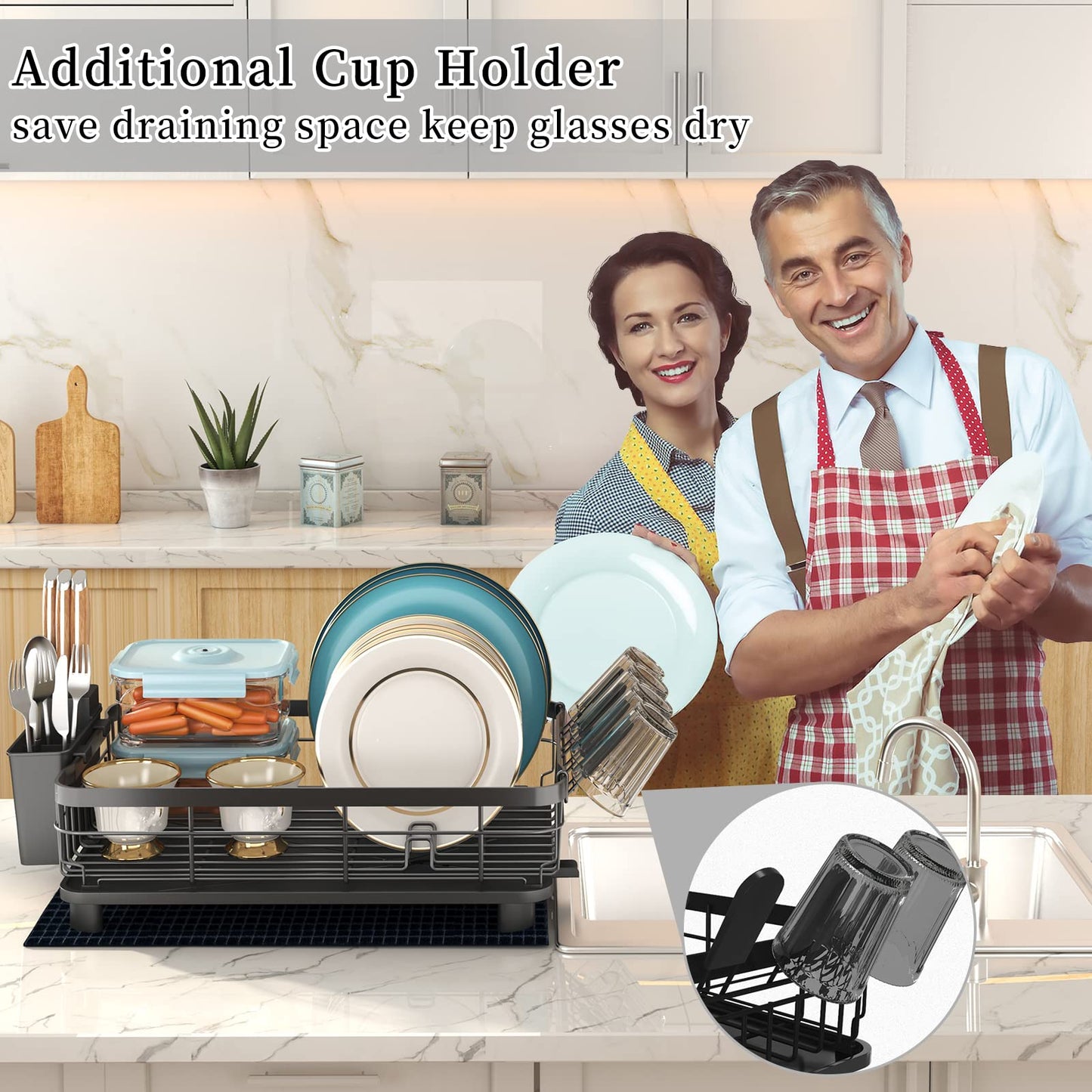 Godboat Dish Drying Rack, Dish Rack with Auto-Drain & Mat，2-Tier and 1-Tier, Black