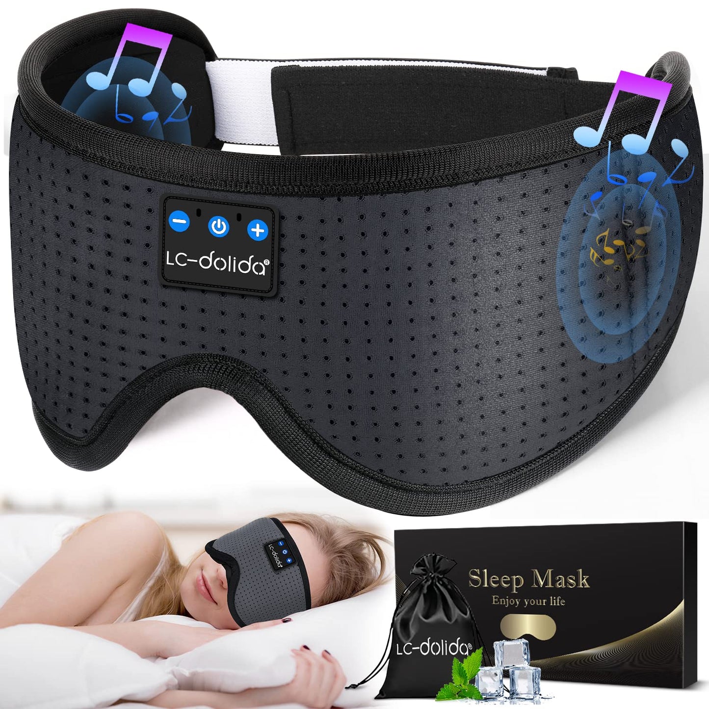 LC-dolida Sleep Headphones, 3D Sleep Mask Bluetooth Wireless Music Eye Mask, Sleeping Headphones for Side Sleepers