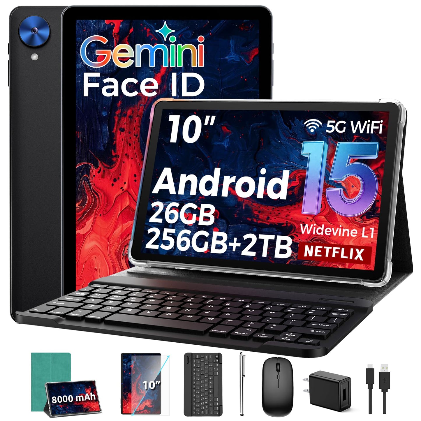 VisuPad Tablet with Keyboard, 2026 Android 15 Tablet with 26GB+256GB+2TB Expand, 10 Inch Tablet PC with 8-Core, Gemini AI, 5G WiFi, 8000mAh, BT5.0, GPS, Electronics Tablets with Case/Mouse/Stylus