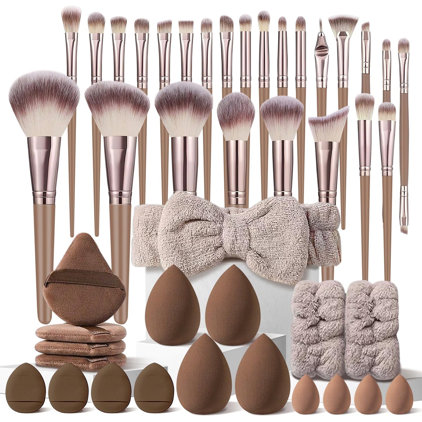 25Pcs Makeup Brush Set Includes Makeup Brushes, Washbag, Triangle Puffs, Finger Puffs, Cleaning Sponge, Makeup Sponges, Cleaning Tool, other Eye Makeup Tools