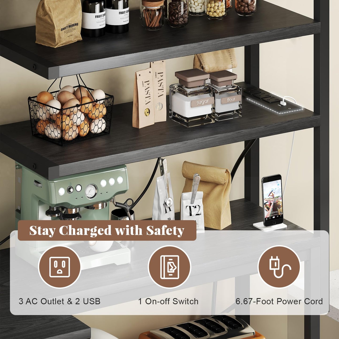 iabifo L-Shaped Bakers Rack with Power Outlet, 6-Tier Microwave Stand with Open Storage, Kitchen Shelf with Hooks,Coffee Bar for Living Room