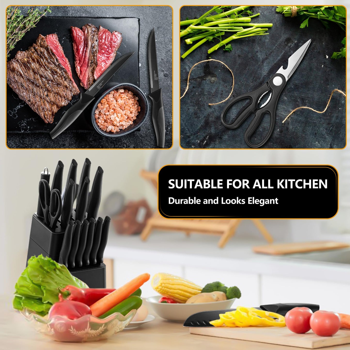 E-far 15-Piece Black/Khaki/White/Pink/Walnut Kitchen Knife Block Set