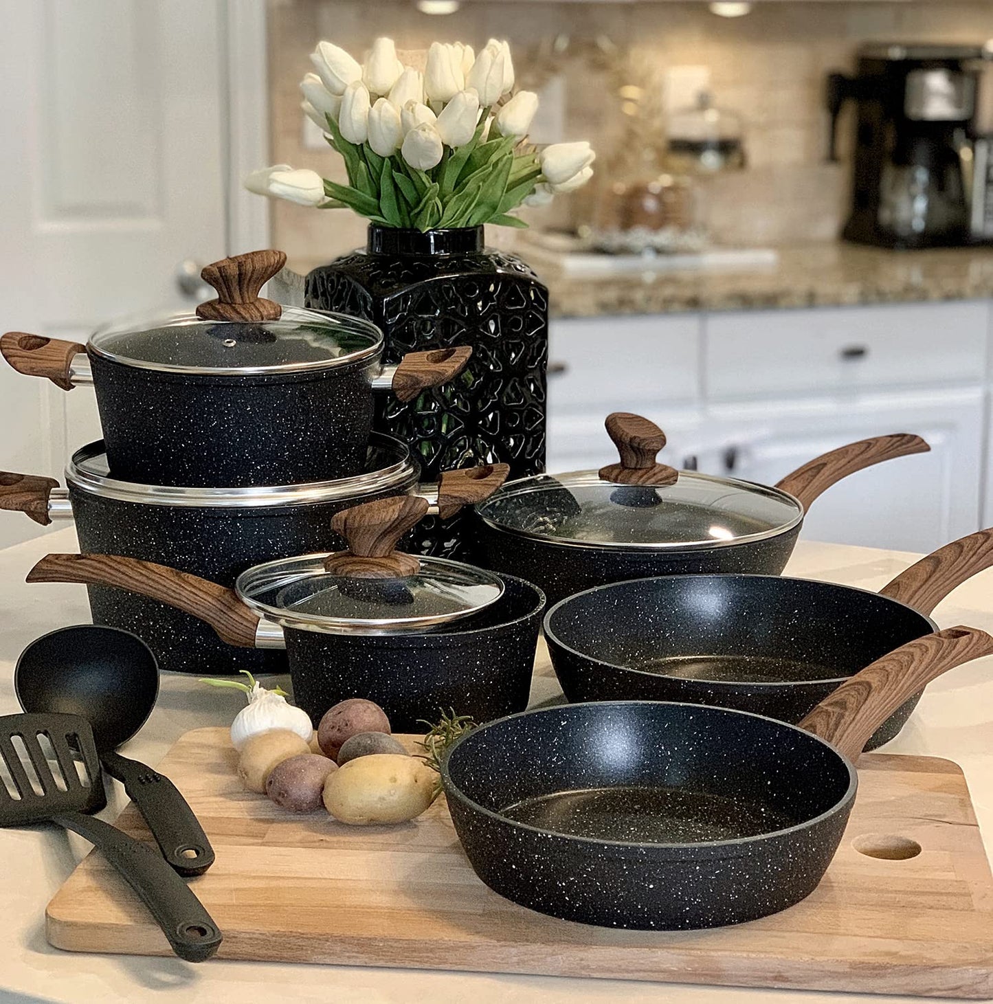 Induction Kitchen Cookware Sets - 12 Piece Cooking Pan Nonstick Set, Granite Black Pots and Pans Set