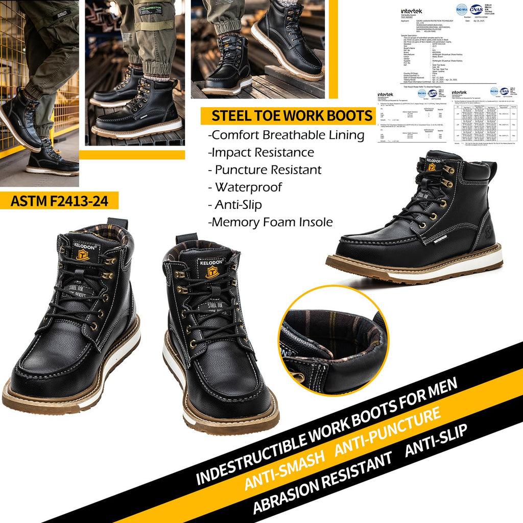 KELODON Waterproof Steel Toe Boots For Men-6" Leather Moc Toe Work Boots Mens Steel Toe Shoes Indestructible Non Slip Resistant Construction Safety Boot