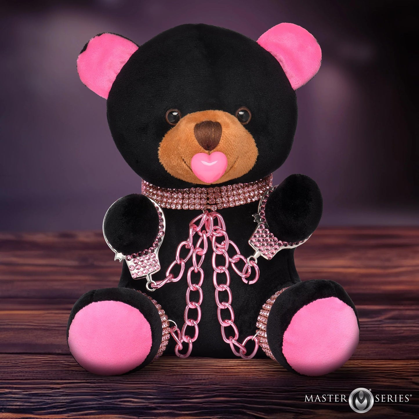 Master Series Bling Bondage Bear Plush – Bedazzled BDSM Plush Bear with Collar, Cuffs & Chains – Soft Kinky Gag Gift & Aftercare Plush for Adults