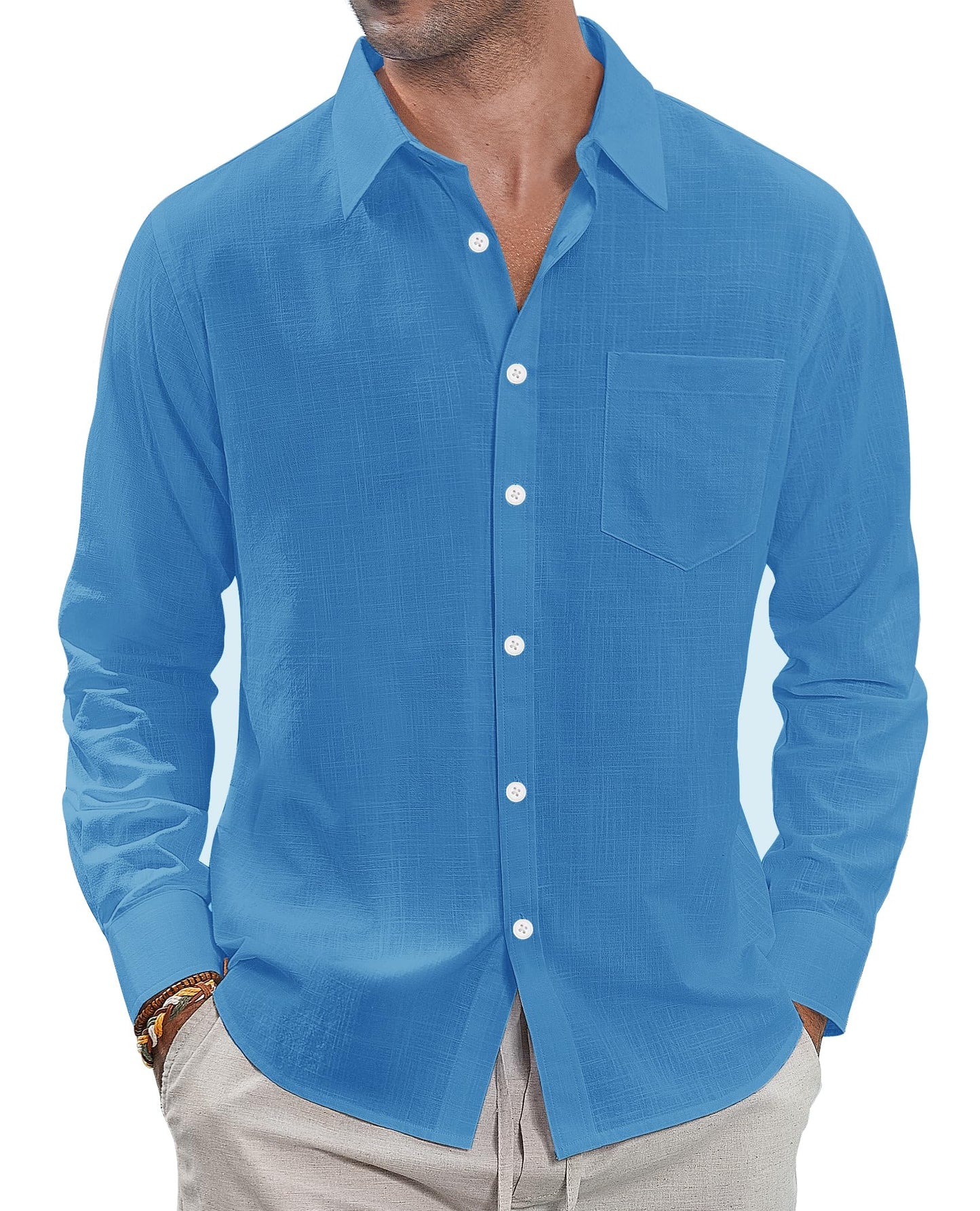 J.VER Men's Linen Shirts Casual Button Down Long Sleeve Shirt Solid Spread Collar Summer Beach Shirts with Pocket