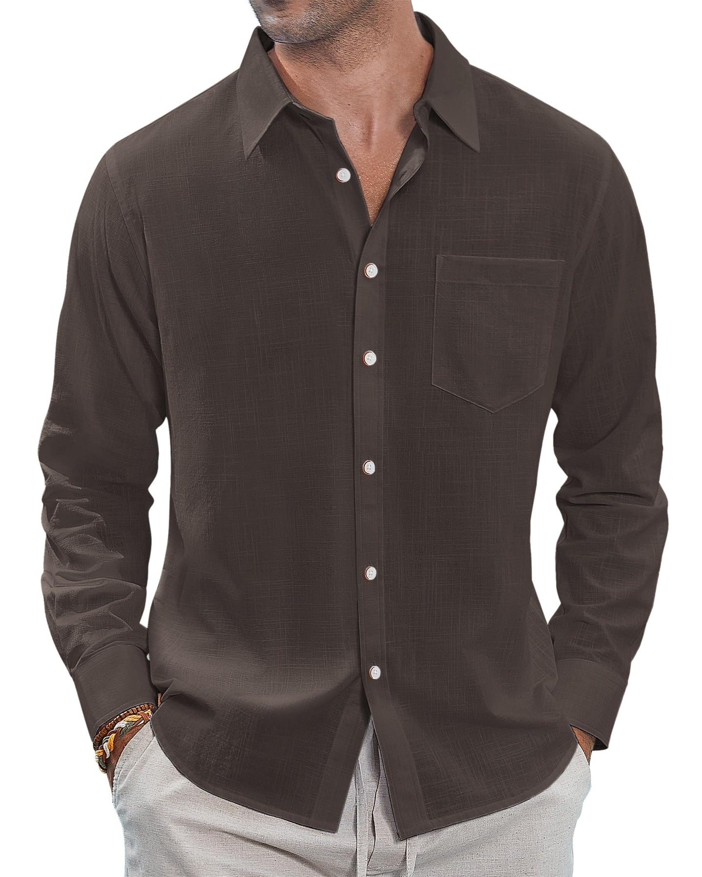 J.VER Men's Linen Shirts Casual Button Down Long Sleeve Shirt Solid Spread Collar Summer Beach Shirts with Pocket