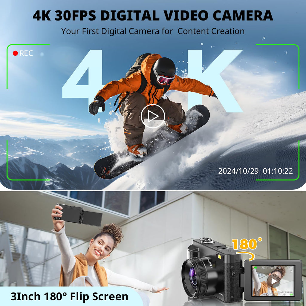 Duluvulu 4K Digital Camera for Photography Autofocus, 2026 Latest 48MP Vlogging Camera for YouTube with SD Card, 2 Batteries, 3" 180°Flip Screen Compact Travel Camera for Teens with 16X Zoom