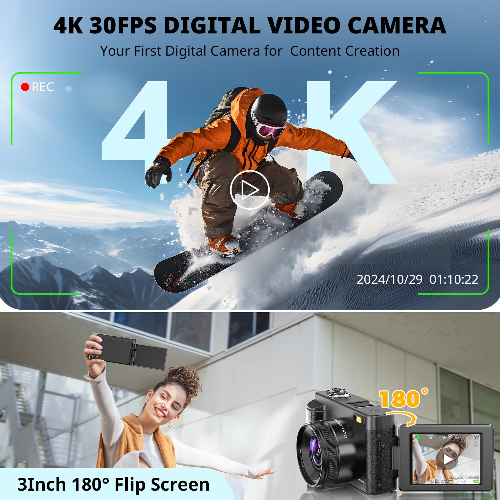 Duluvulu 4K Digital Camera for Photography Autofocus, 2026 Latest 48MP Vlogging Camera for YouTube with SD Card, 2 Batteries, 3" 180°Flip Screen Compact Travel Camera for Teens with 16X Zoom