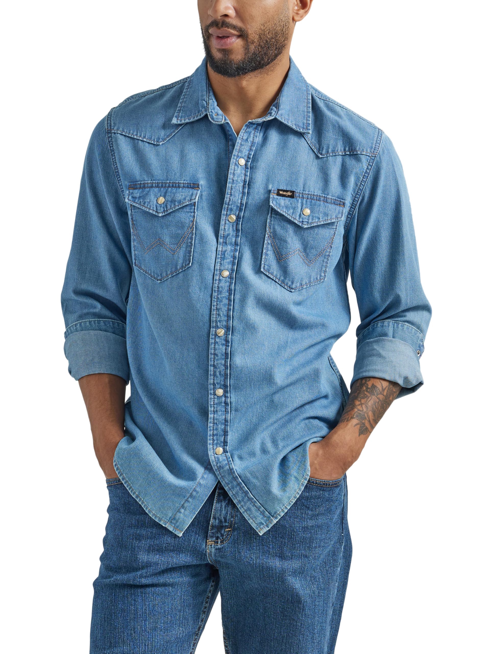 Wrangler Men's Iconic Denim Regular Fit Snap Shirt