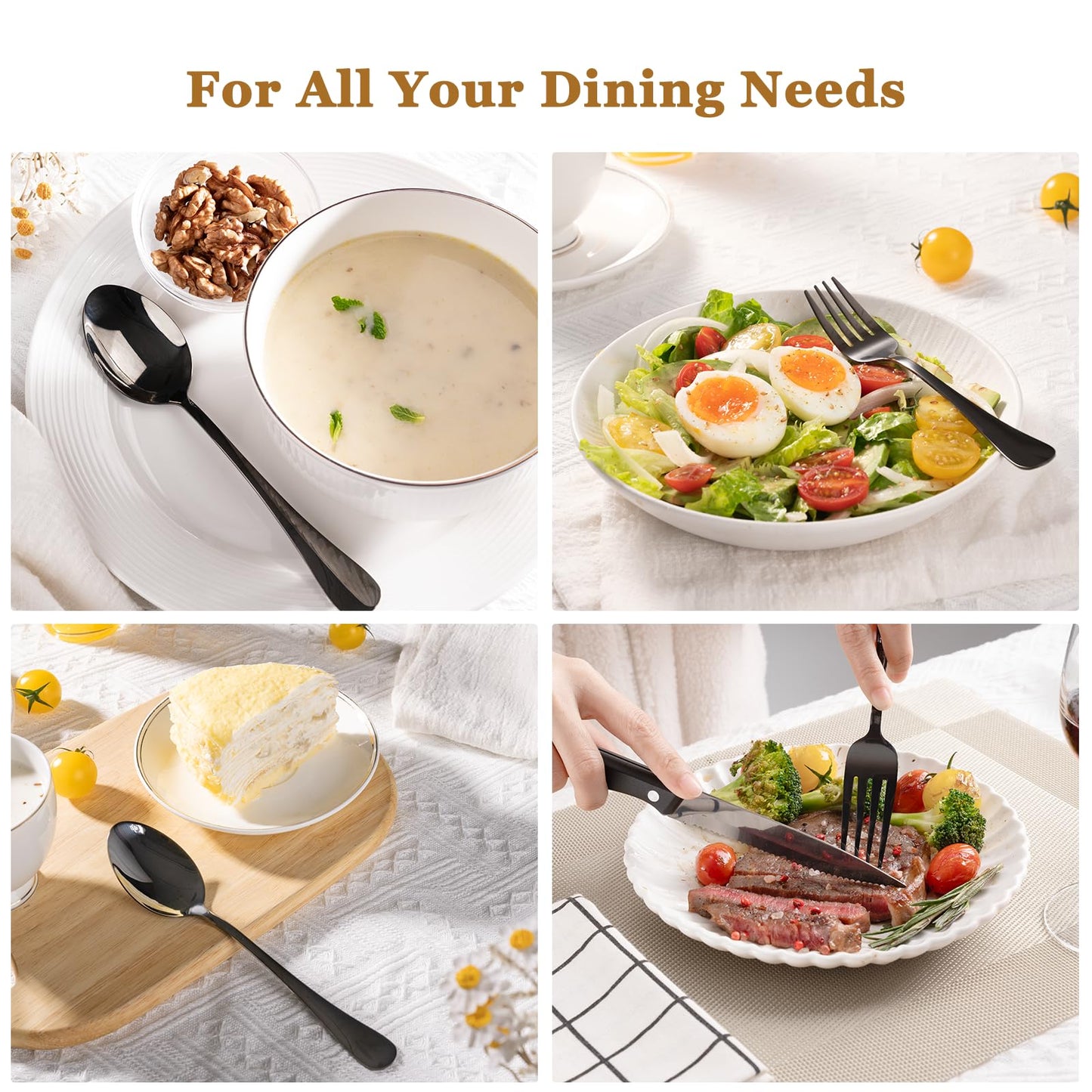 Astercook Black Silverware Set with Steak Knives Flatware Set Food-Grade Stainless Steel Cutlery Set Mirror Polished Utensils Set Include Spoons and Forks for Home Kitchen Restaurant