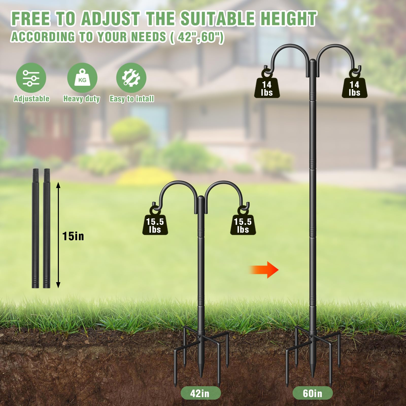 Surprizo Double Shepherds Hooks for Outdoor, Heavy Duty Bird Feeder Pole with 5-Prong Base - Rust-Proof, Adjustable Bird Feeder Hanger for Garden, Wedding Decor & Hanging Plants