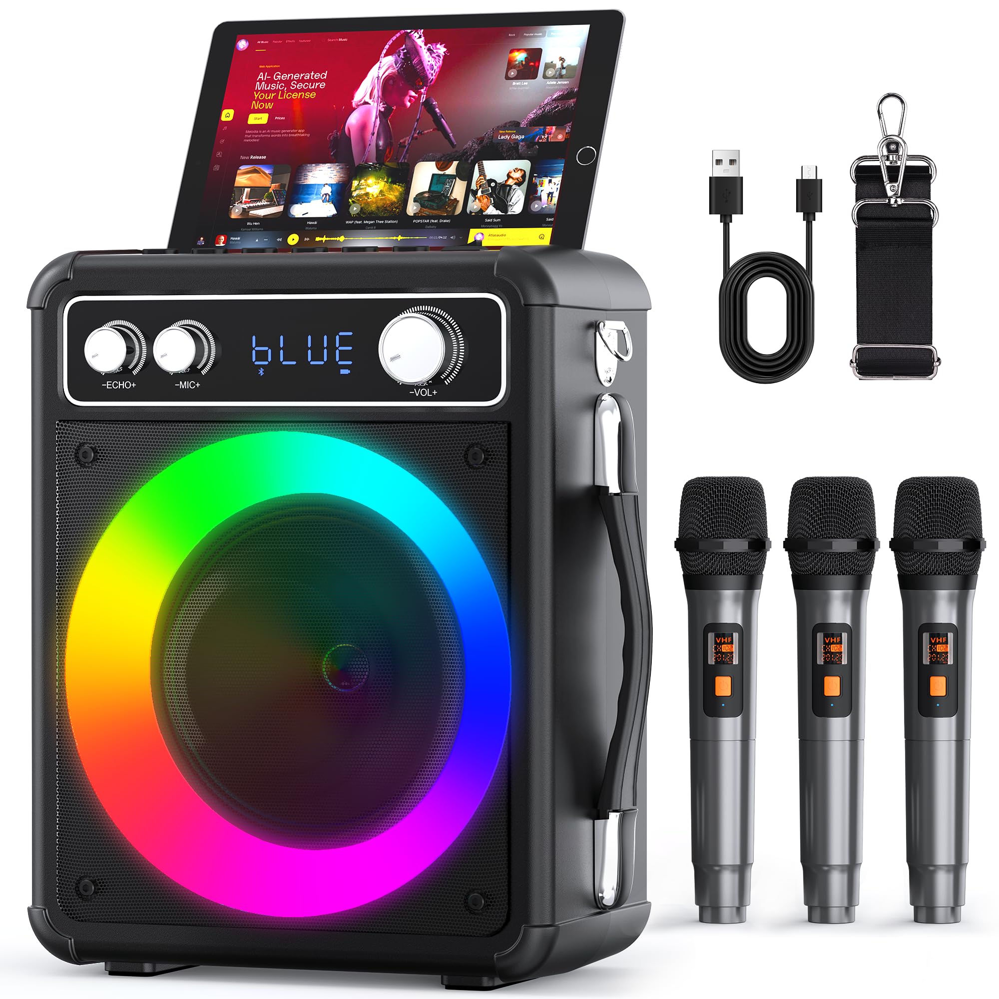 VOSOCO Karaoke Machine, Portable Bluetooth Speaker with 2 Wireless Microphones, PA System for Adults Kids with LED Lights, Supports TWS/FM/AUX/USB/TF for Home Party