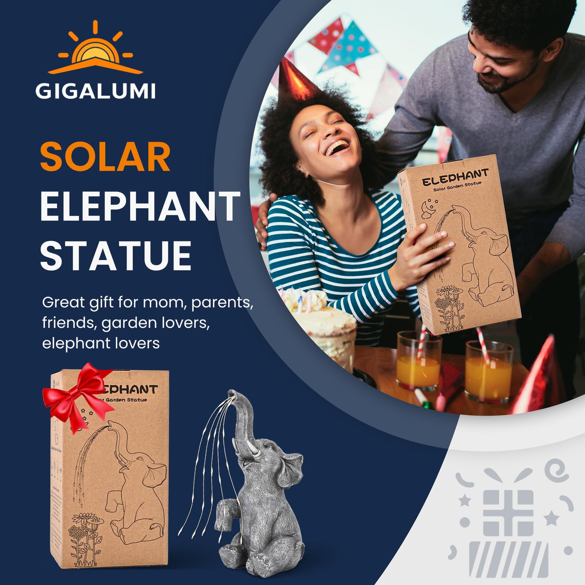 GIGALUMI Solar Garden Decor Cute Elephant Sculpture Outdoor, Birthday Gifts for Women Mom Grandma Senior Elder, Elephant Statues Ornament for Balcony, Garden, Patio, Yard, Lawn