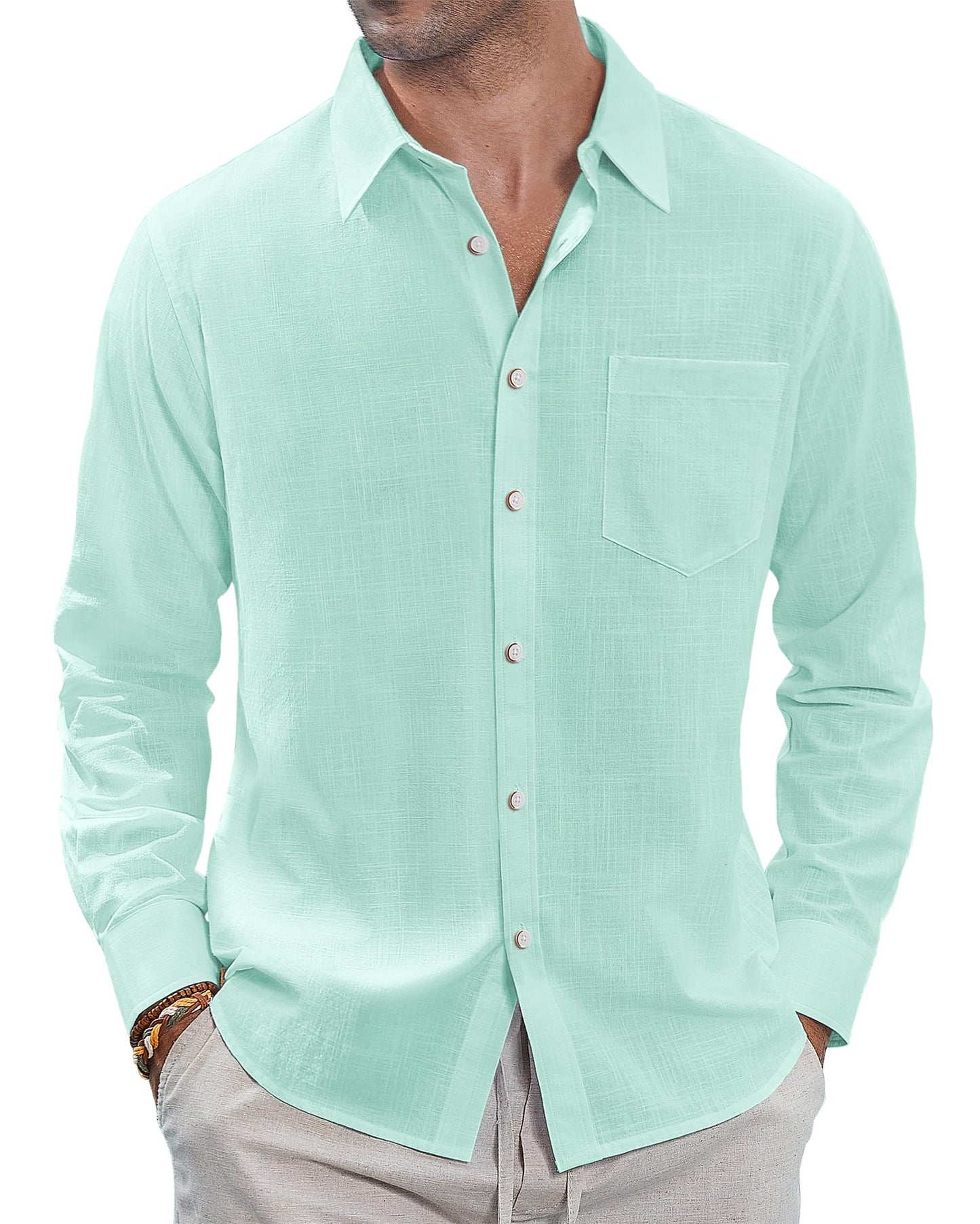 J.VER Men's Linen Shirts Casual Button Down Long Sleeve Shirt Solid Spread Collar Summer Beach Shirts with Pocket
