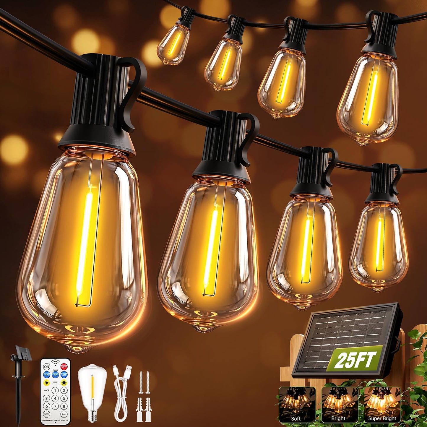 Skoiuc Solar String Lights Outdoor Waterproof with Remote & Timer, LED Shatterproof ST38 Bulbs, USB & Solar Powered Patio Lights for Backyard, Porch, Garden, Wedding, Christmas Decor