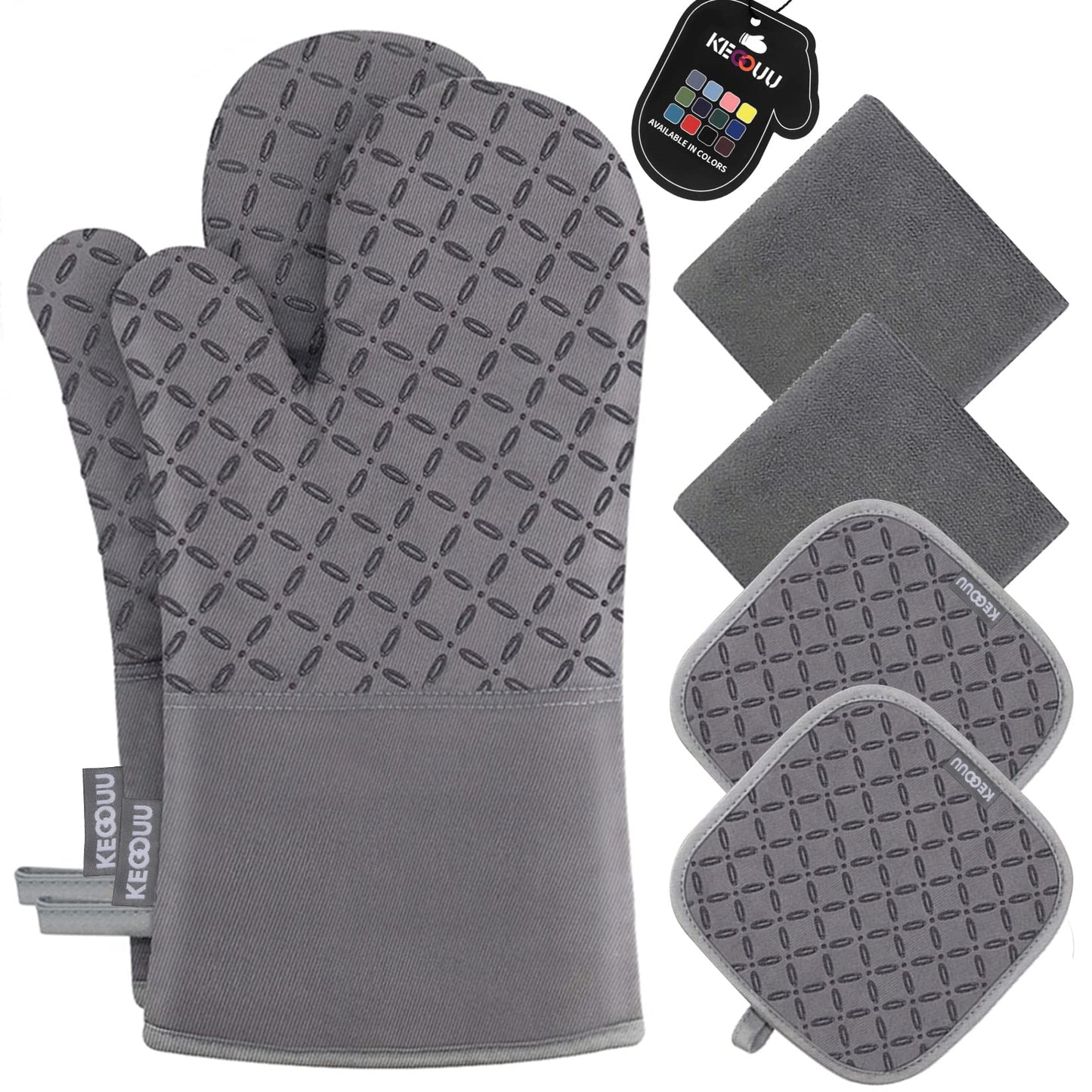KEGOUU Oven Mitts and Pot Holders 6pcs Set, Kitchen Oven Glove High Heat Resistant 500 Degree Extra Long Oven Mitts and Potholder with Non-Slip Silicone Surface for Cooking (Gray)