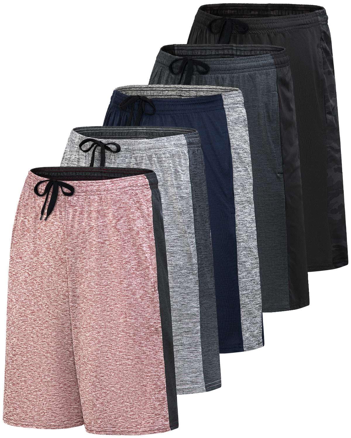Real Essentials Men’s 5 Pack: 9" Dry-Fit Shorts – Athletic Gym, Workout, Basketball, Running, Casual Lounge Active Pockets