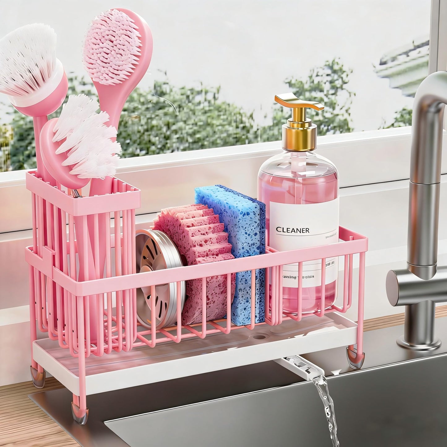 Cisily Sponge Holder for Kitchen Sink, Sink Caddy Organizer with High Brush Holder, Kitchen Countertop Organizers and Storage Essentials, Rustproof 304 Stainless Steel
