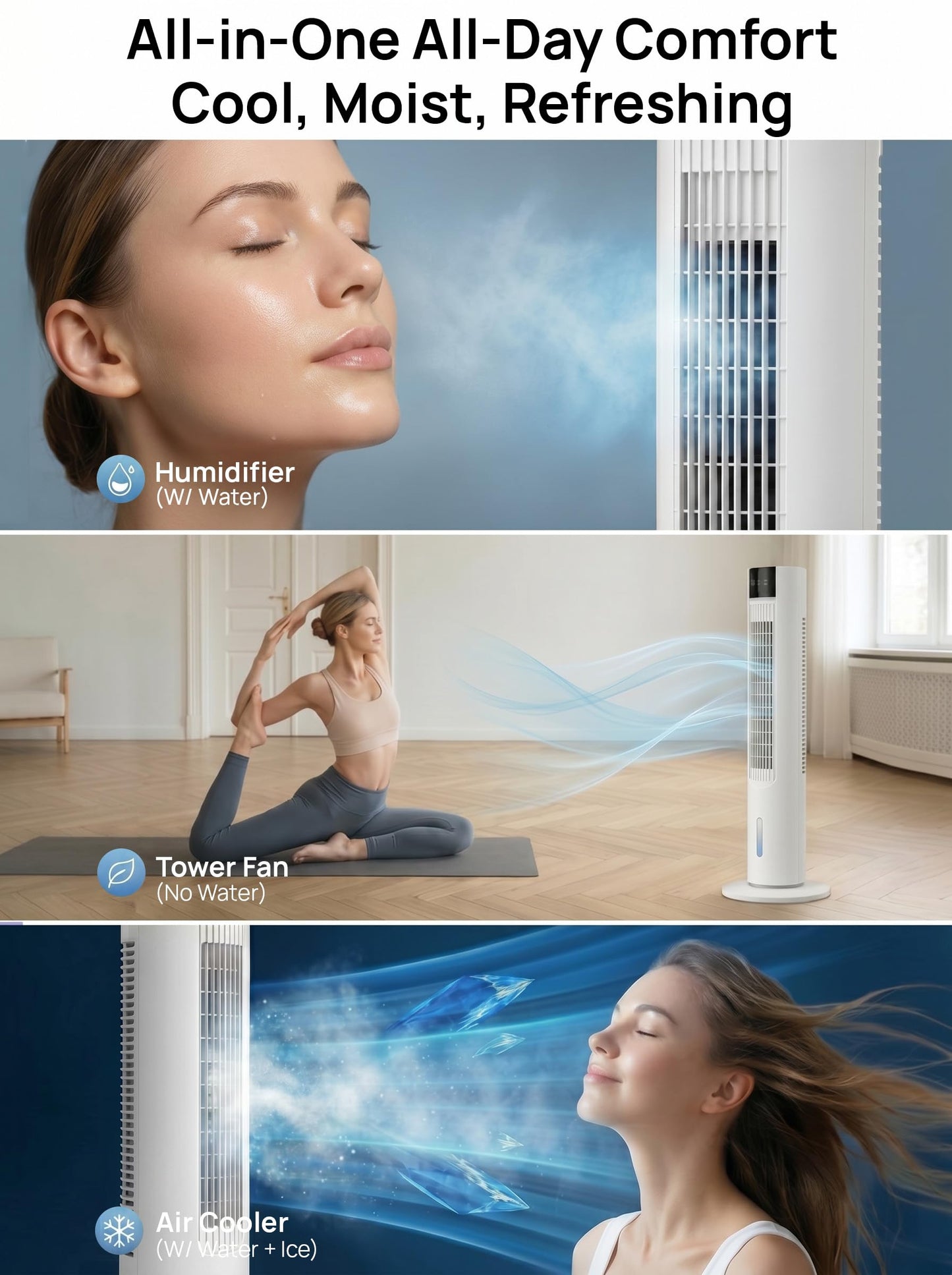 Evaporative Air Cooler, 35" Swamp Cooler, 3-In-1 Cooling Fans that Blows Cold Air, 3 Speeds, 4 Ice Packs, 12H Timer, 80° Oscillation, Remote, Portable Air Conditioners for Room, Bedroom