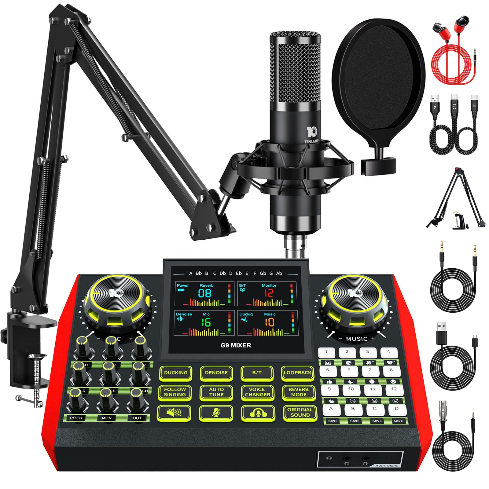 G9 Podcast Equipment Bundle,Audio Mixer Sound Board Live Sound Card,Podcast Microphone Bundle with 3.5mm Condenser Mic for PC & Phone,Podcasting,Live Streaming,Singing,Gaming,Voice Changer,Dj Set