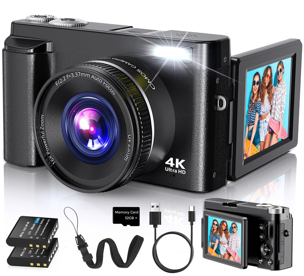 Duluvulu 4K Digital Camera for Photography Autofocus, 2026 Latest 48MP Vlogging Camera for YouTube with SD Card, 2 Batteries, 3" 180°Flip Screen Compact Travel Camera for Teens with 16X Zoom