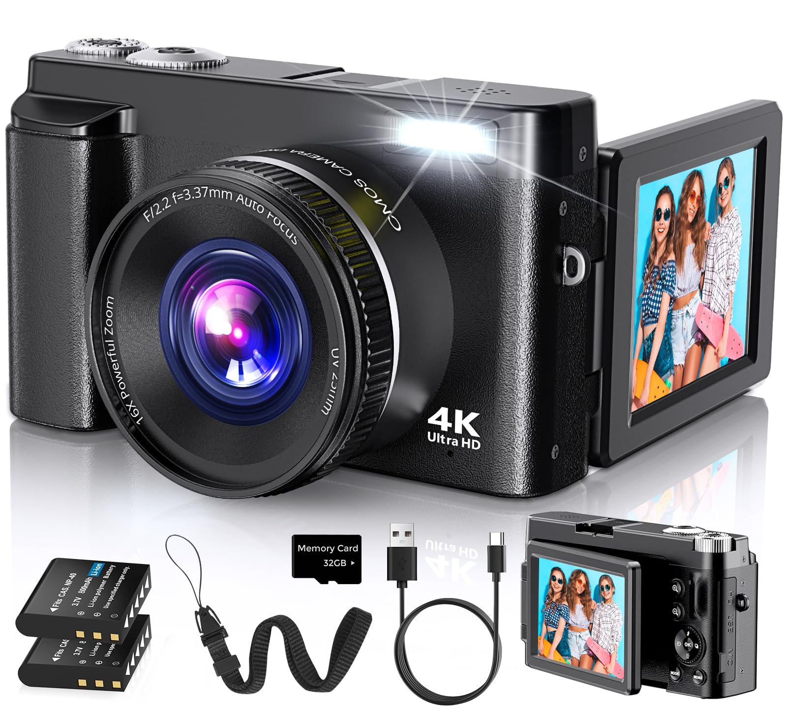 Duluvulu 4K Digital Camera for Photography Autofocus, 2026 Latest 48MP Vlogging Camera for YouTube with SD Card, 2 Batteries, 3" 180°Flip Screen Compact Travel Camera for Teens with 16X Zoom
