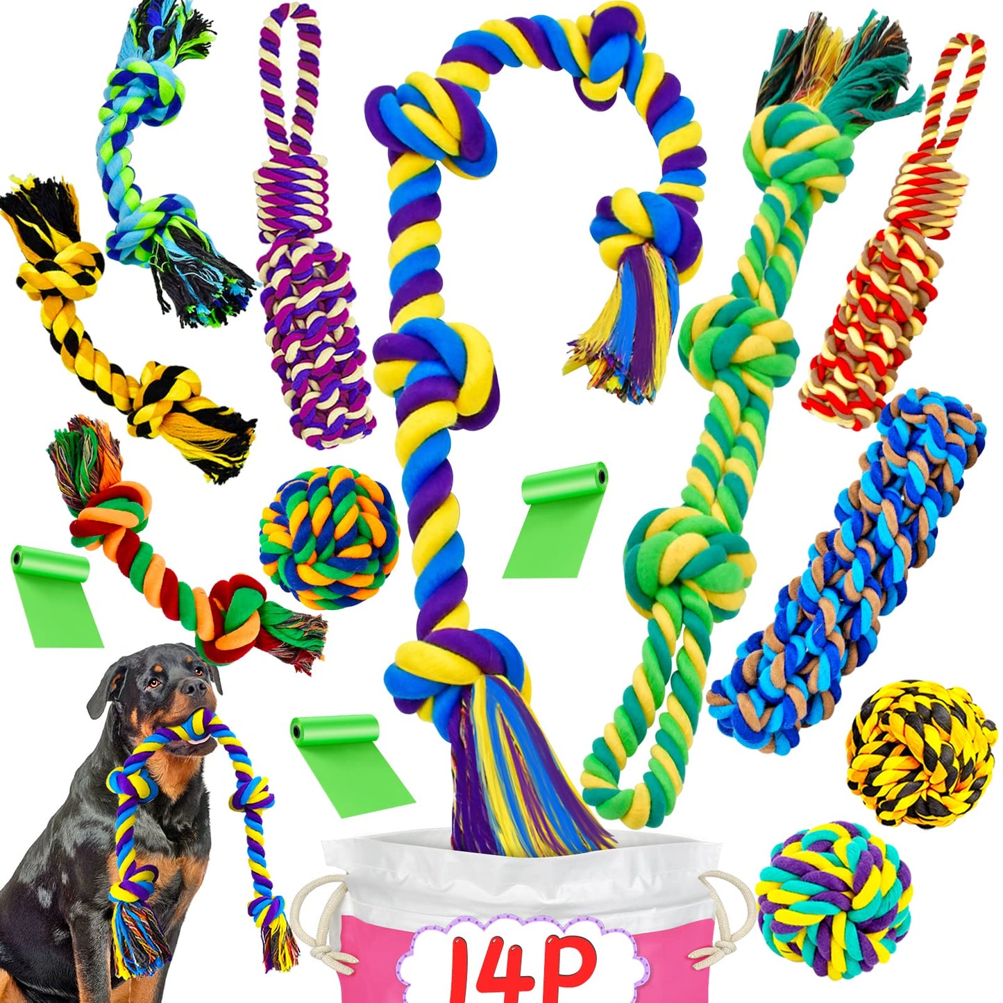 SHARLOVY Large Dog Chew Toys, Tough Dog Toys for Aggressive Chewers Large Breed,Heavy Duty Dental Dog Rope Toys Kit for Medium Dogs,5 Knots Indestructible Dog Toys