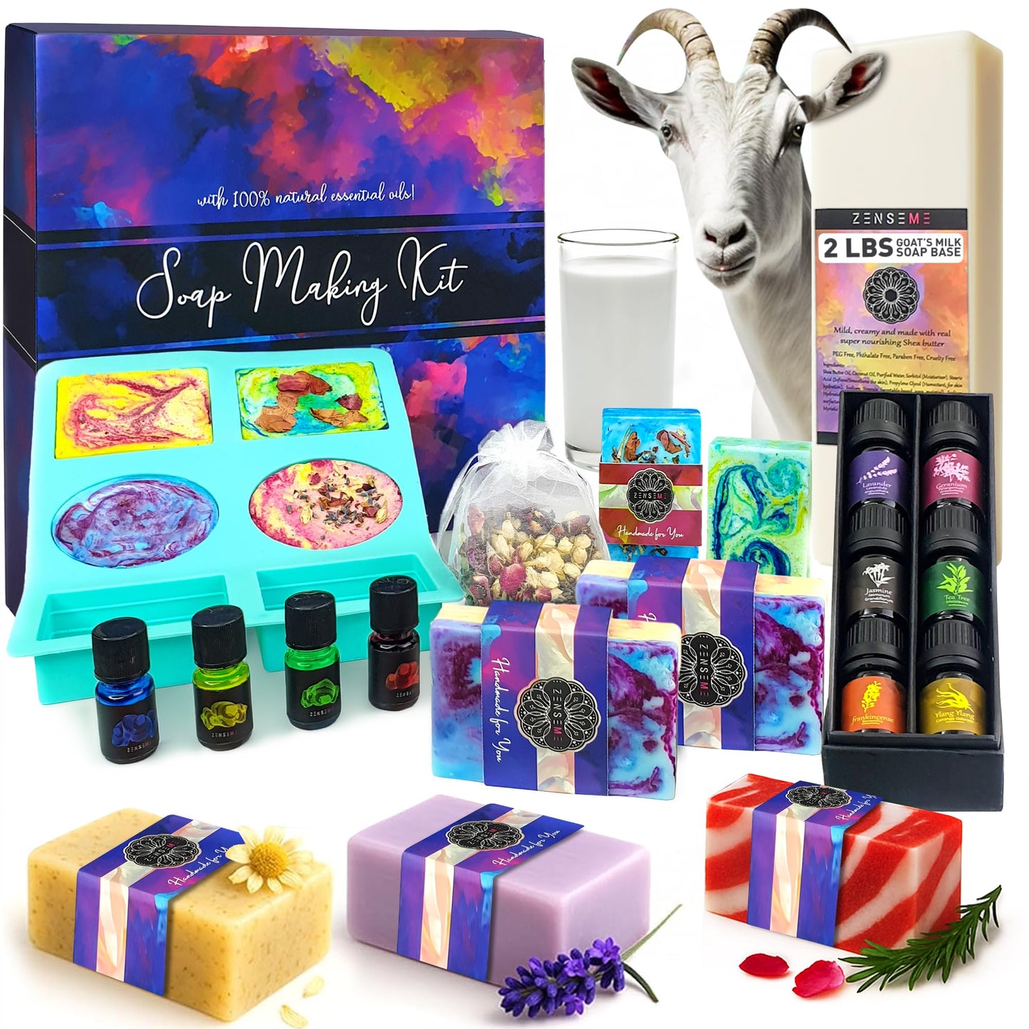 ZenseMe Soap Making Kit, Make Your Own Soap with Melt & Pour DIY Natural Soap Supplies; 6 Essential Oils, Silicone Soap Mold, Spoon, Dried Flowers, 1.5lbs. Goats Milk Soap Base, 4 Colors, 9 Labels