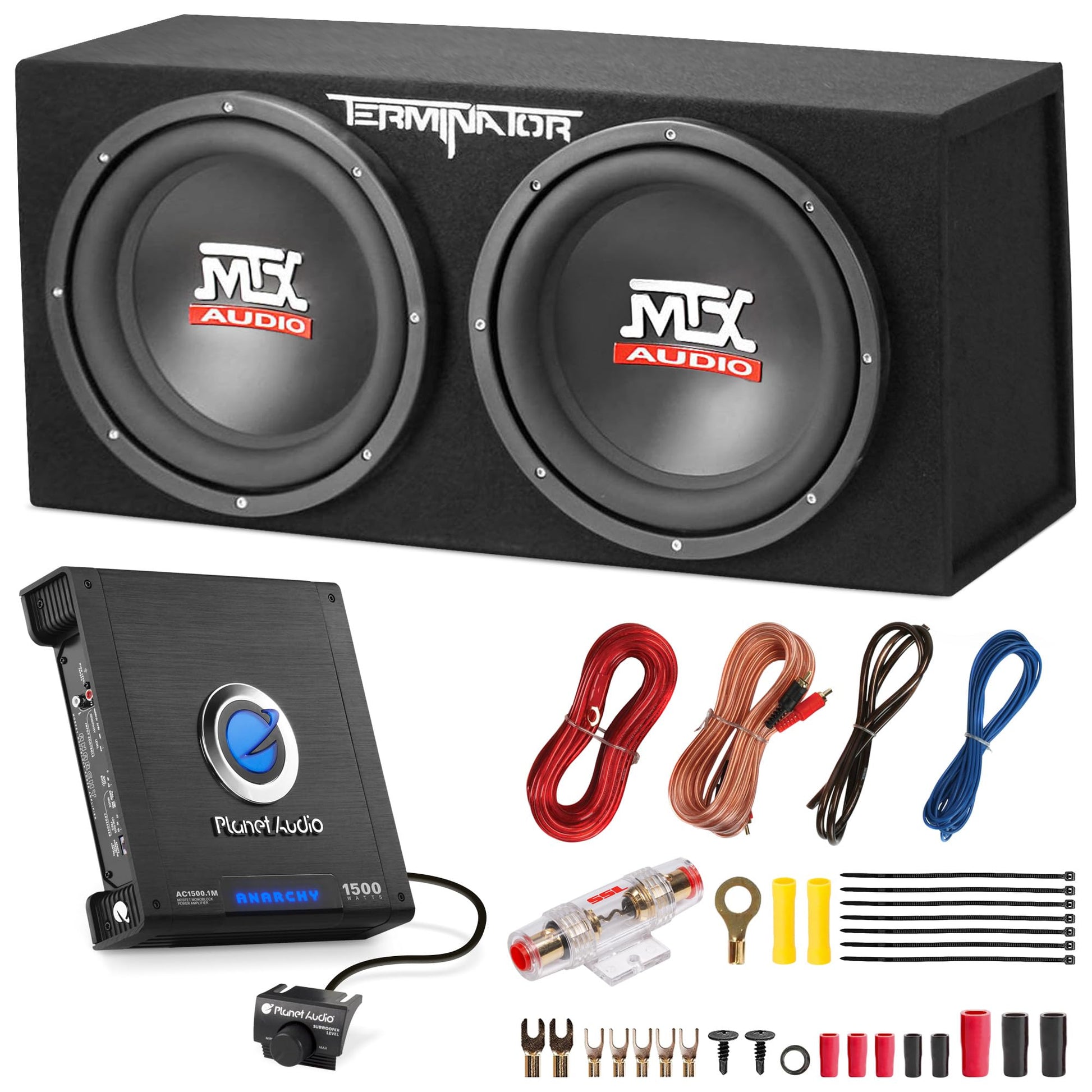 MTX 12-Inch Dual Subwoofer with Amp & Wiring Kit - Car Sound System Bundle with 1200W Peak Loaded Enclosure, Planet Audio Peak 1500W Monoblock Amplifier, and Soundstorm 8 Gauge Wiring Set