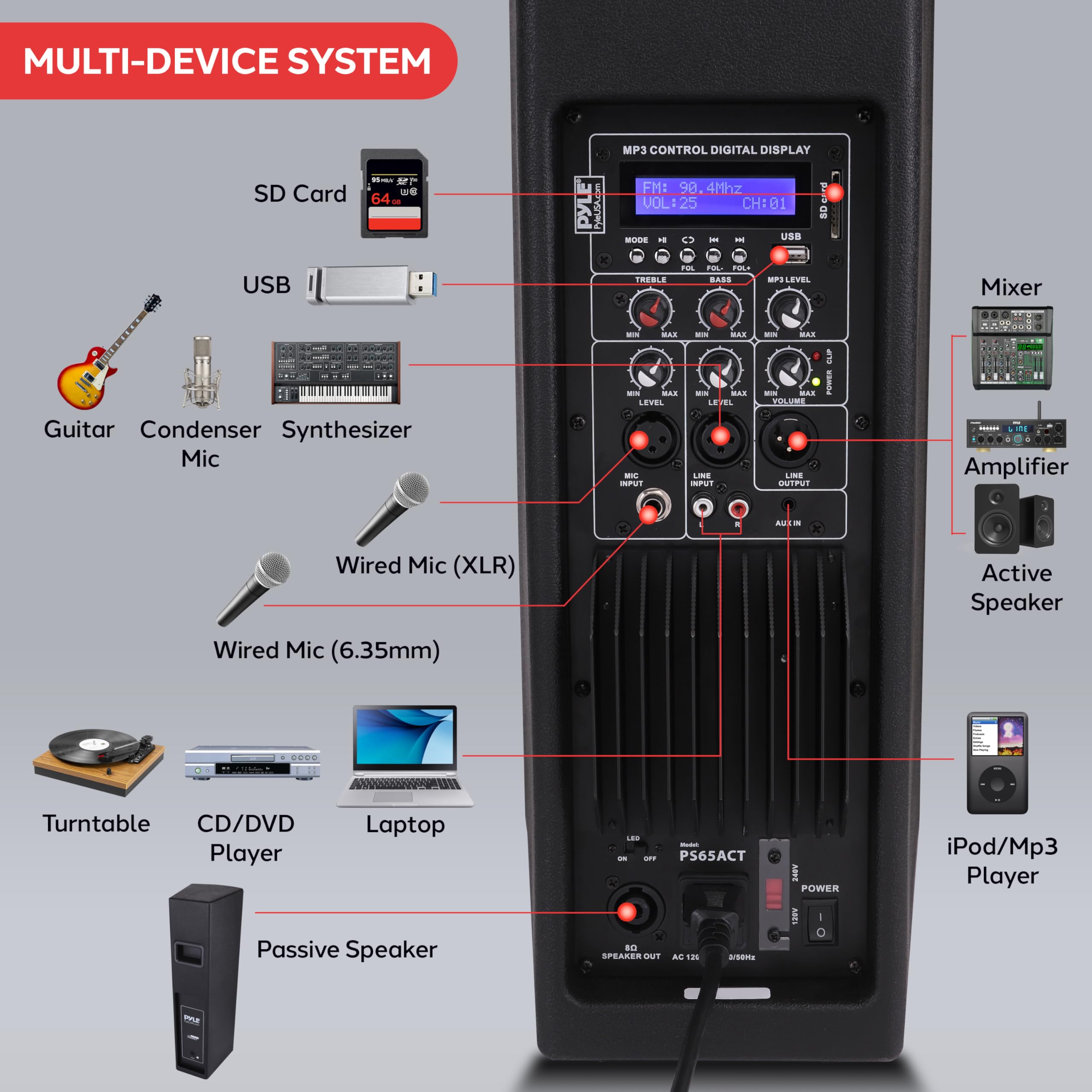 Pyle 2000W Bluetooth PA Speaker System - Active & Passive Outdoor Party Speaker w/ Built-In Party LED Lights & FM Radio - USB/AUX/XLR/RCA/SD Inputs - Includes 2x Tripod Stands & Remote Control