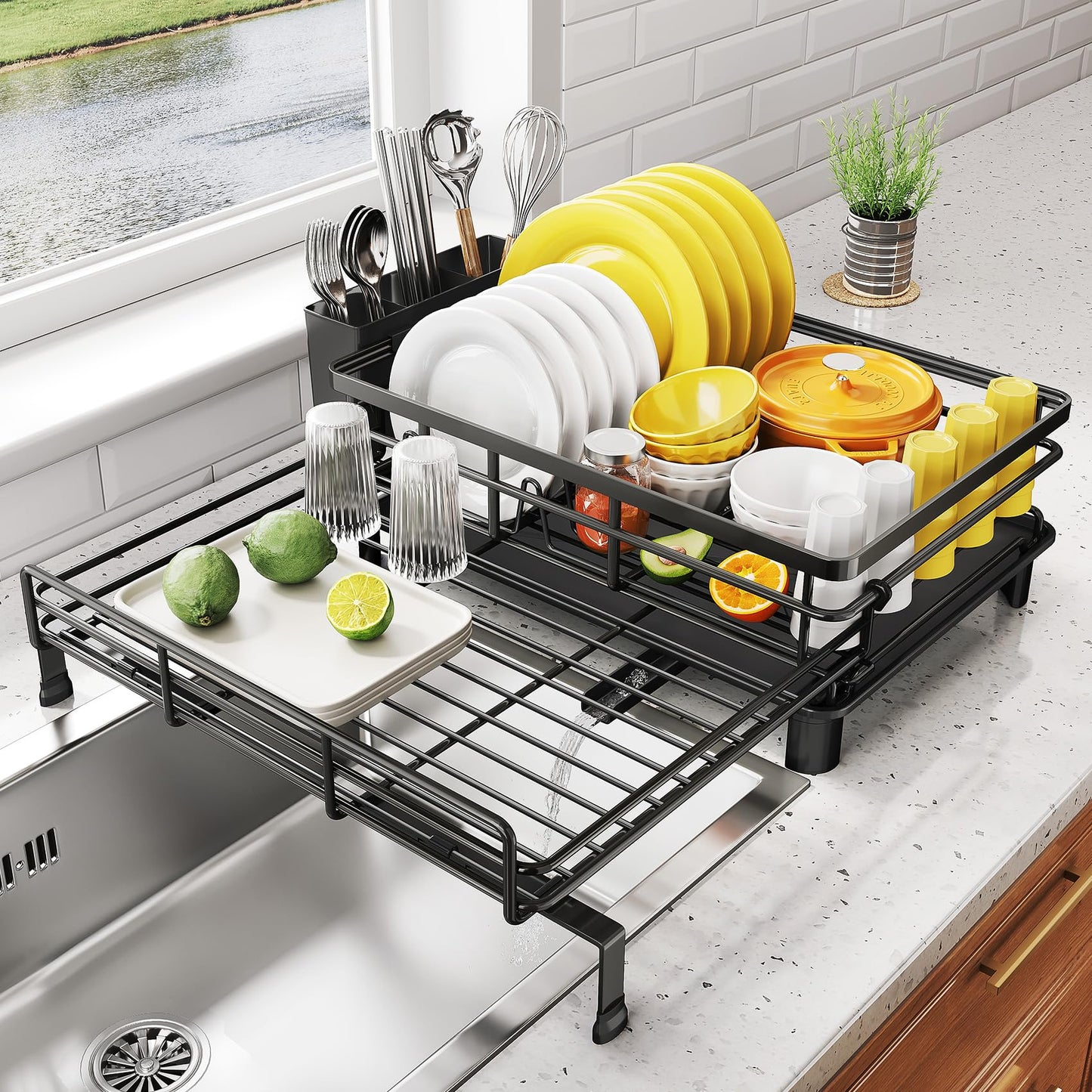 Dish Drying Rack - Extendable Dish Rack, Large Sink Drying Dish Drainer for Kitchen Counter, Stainless Steel Dish Strainer with Utensil Holder