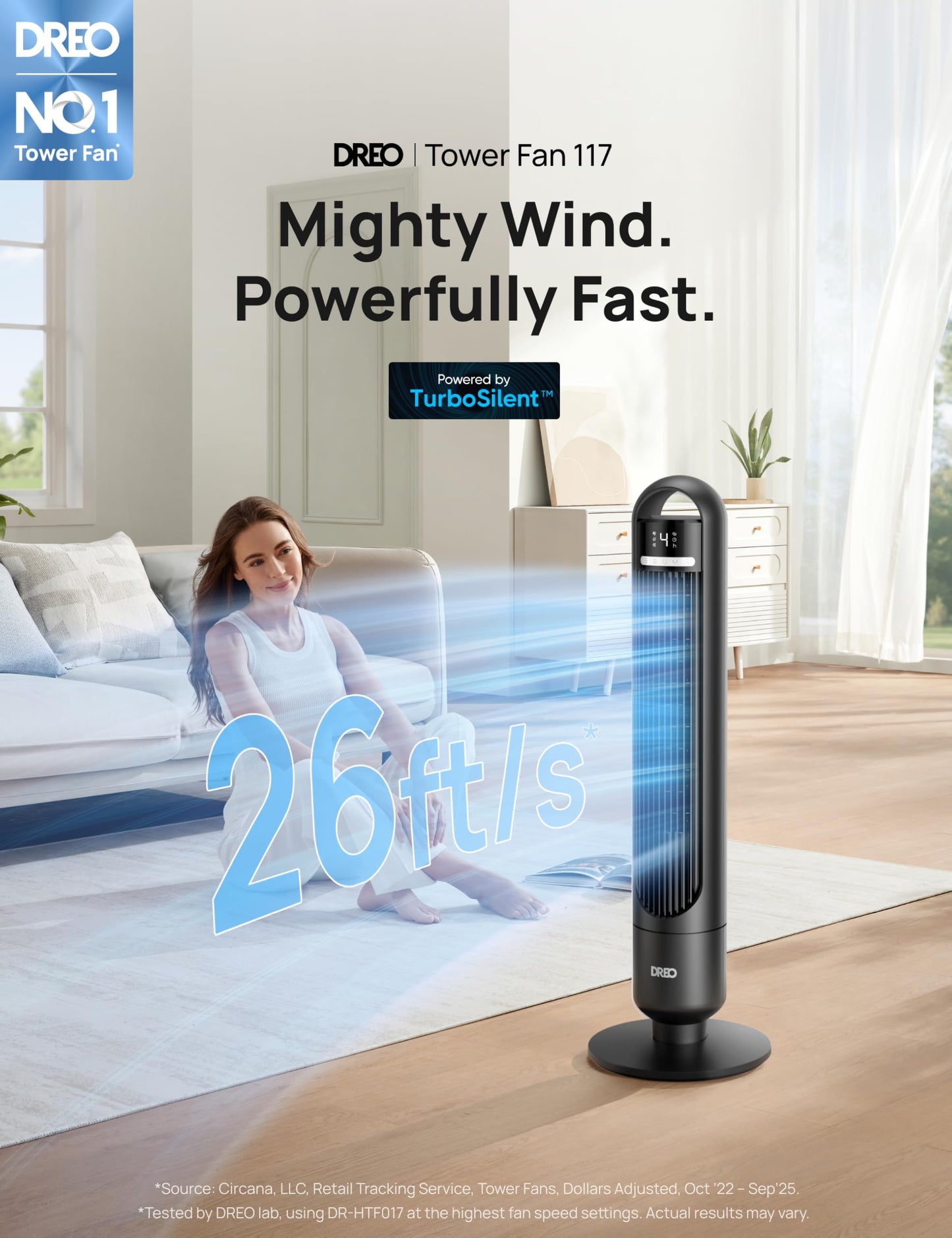 DREO Tower Fan for Bedroom, 90° Oscillating Standing Fans for Room with 4 Speeds, 3 Modes, 28dB Quiet for Sleep, 25ft/s Velocity, 8H Timer, Remote, Living Room, Office, Home, TF117
