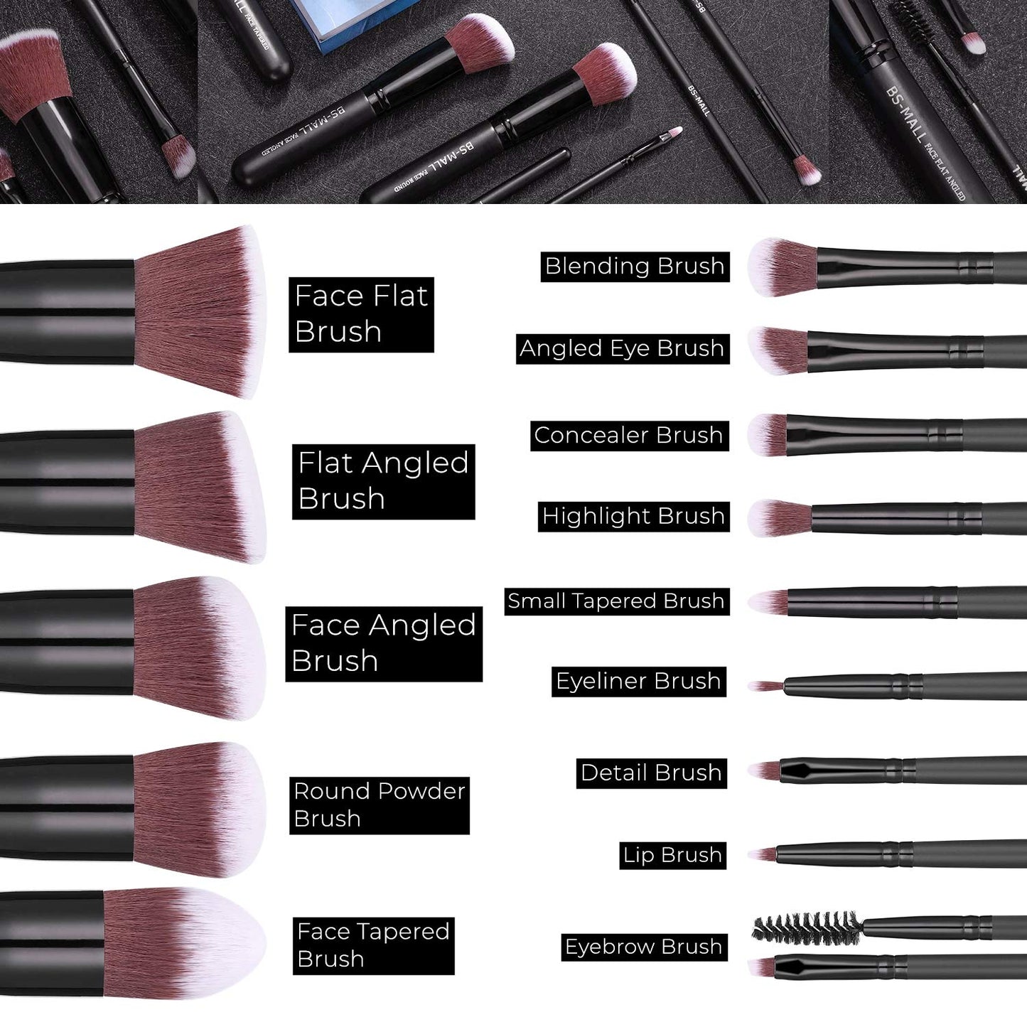 BS-MALL Makeup Brush Set 14 Pcs With Case - Foundation Brush, Concealer Brush, Blush Brush & Flawless Application – Complete Luxury Cosmetic Brush Kit For Travel & Daily Use