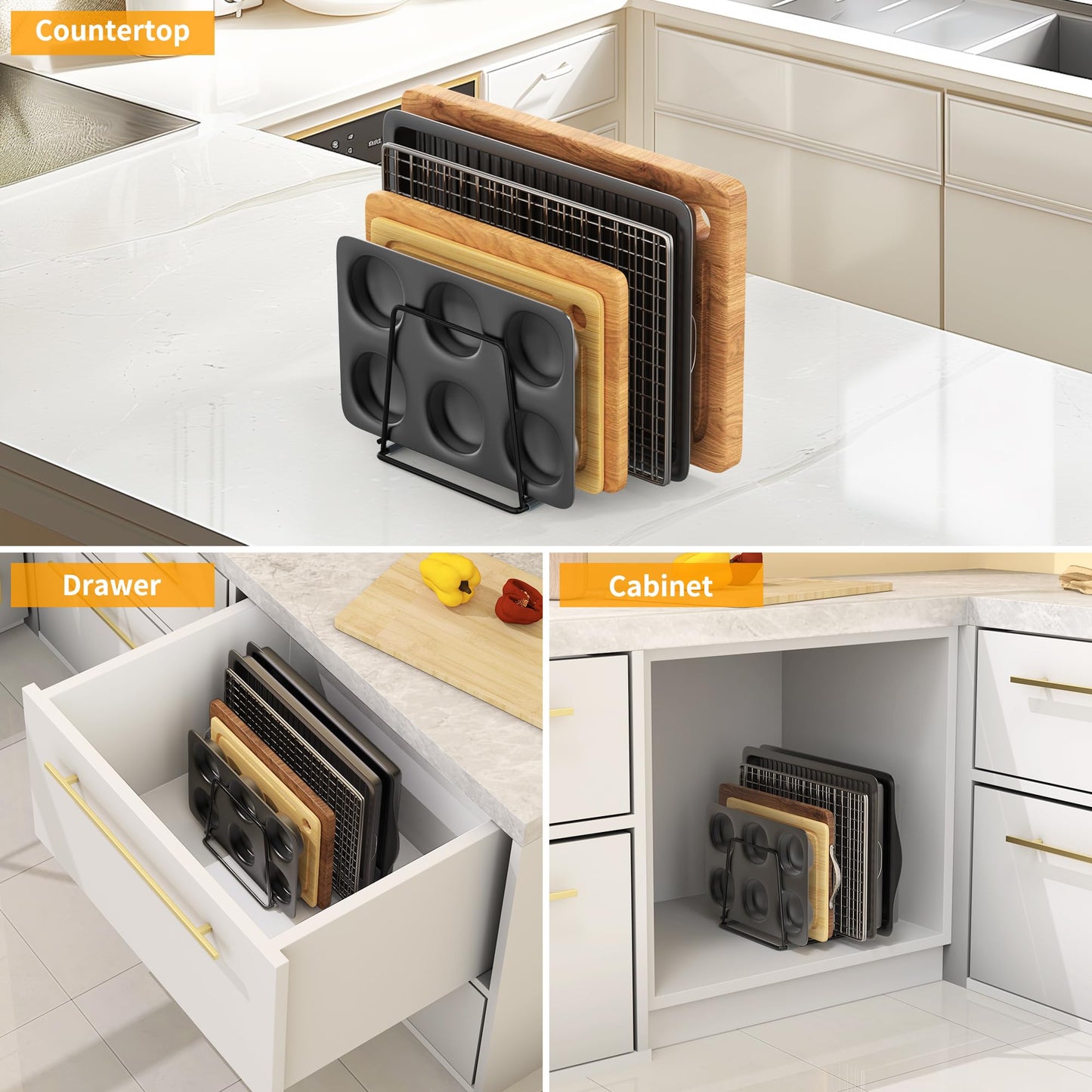 LAEMYFYRE Cutting Board Organizer Kitchen Organizer Rack for Cutting Board, Bakeware, and Cookie Sheet, 5-Slot Heavy-Duty Steel Cookware Holder,Rust-Resistant with Anti-Slip Feet