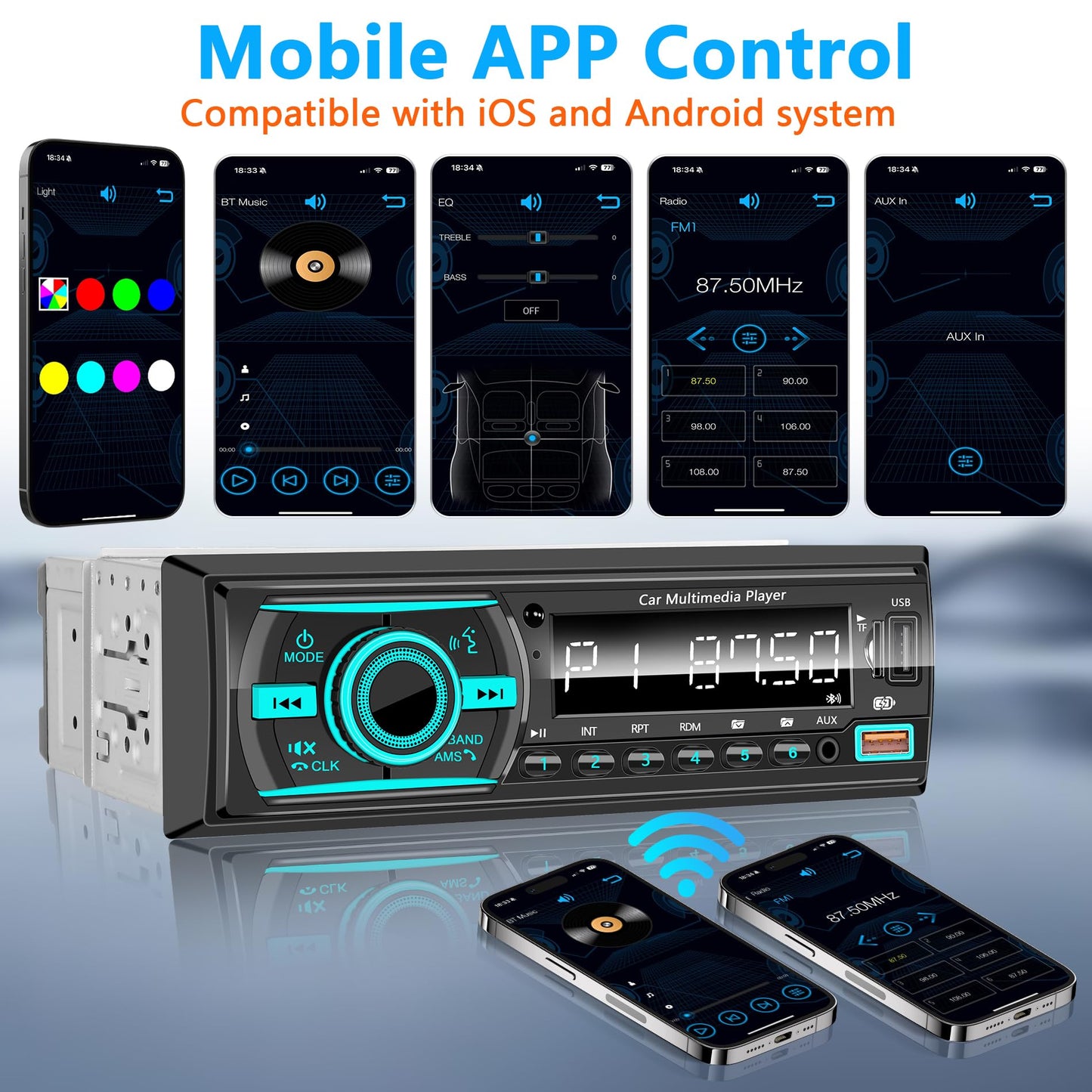 Marine Radio Single DIN Bluetooth Car Stereo System, Boat Radio Receiver Head Unit with Built-in Mic, Digital LCD, FM, EQ, MP3, RCA, USB, TF Card & Remote Control for Audio Upgrade
