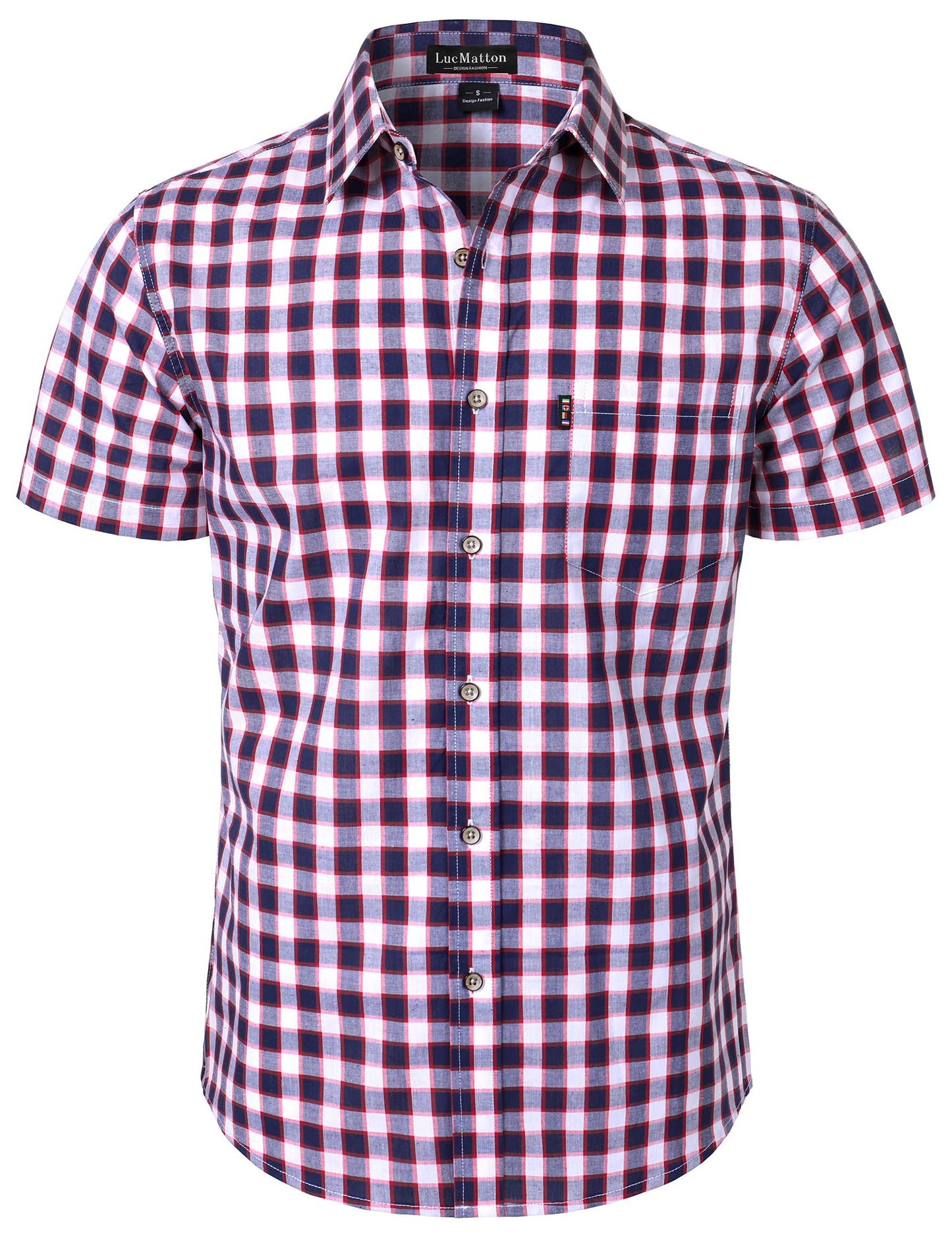 LucMatton Men's Gingham Short Sleeve Button Down Shirt Cotton Regular Fit Plaid Dress Shirts with Pocket