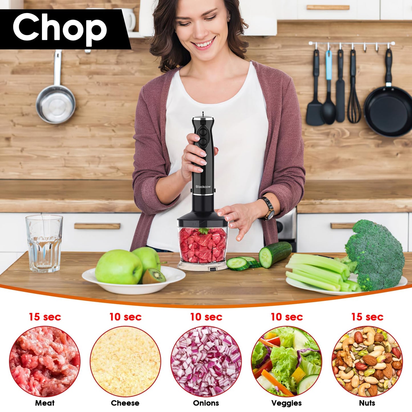 Blackcow Immersion Blender Handheld, Powerful Electric Hand Blender with Titanium Alloy Blades, Variety Speeds & Turbo, Electric Hand Mixer for Smoothies, Soups, Baby Food and Purees